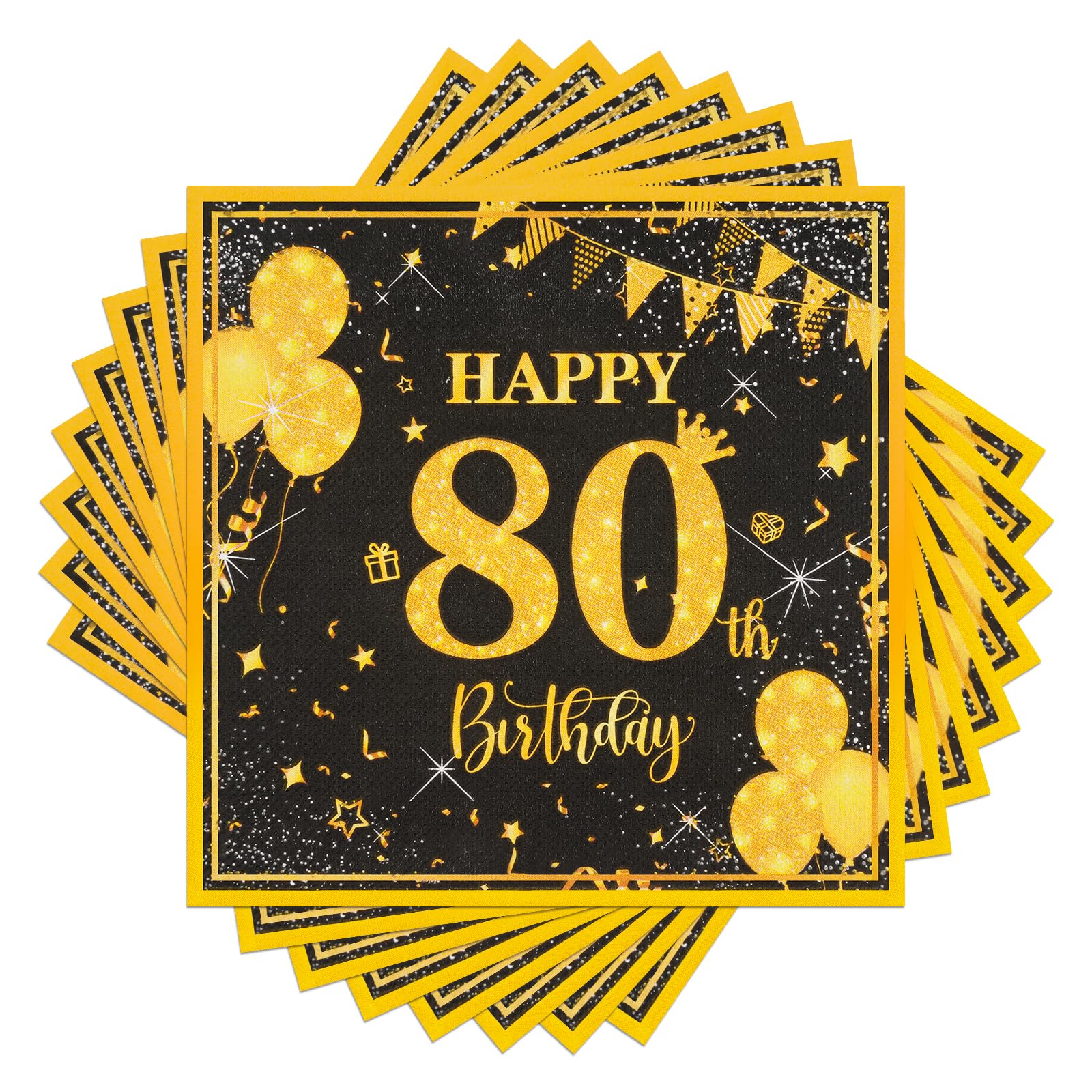 40Pcs Black Gold 80th Birthday Napkins, Happy Birthday Serviettes Party Napkins, 80th Paper Tissue Serviettes, for Her Him Party Table Decoration