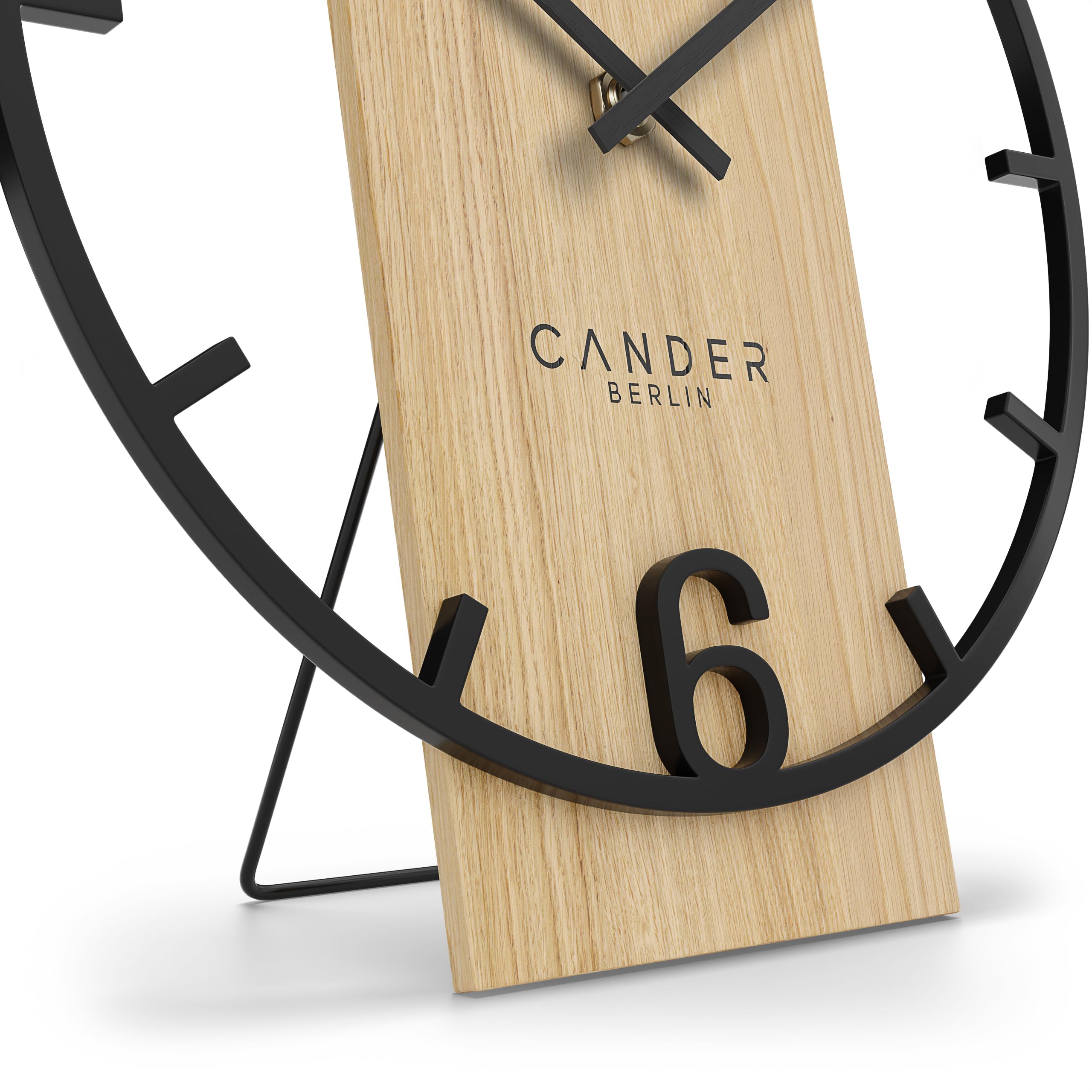 Cander Berlin Melora Reloj de mesa silencioso de 20 cm, metal, manecillas de madera, sin ruido de tictac, moderno, negro, salón, cocina, vintage
