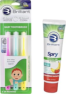 Brilliant Bundle Includes Baby Toothbrush 3 Pack 3 Color - Pink-Mint-Yellow and Spry Tooth Gel with Xylitol, Strawberry Banana Flavor, Fluoride Free Toothpaste Safe for Babies, Toddlers, and Kids