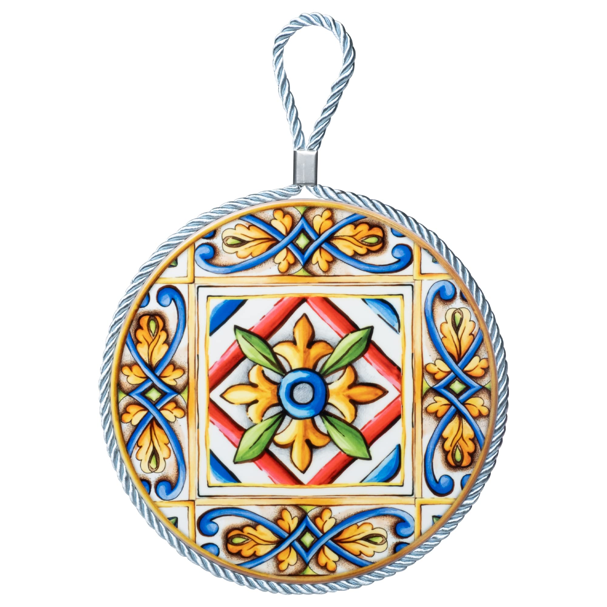 Moorg Piatto Ceramica Decorato da Appendere Set da 2, 16x16 cm, Piastrelle Siciliane Maiolica, Sughero