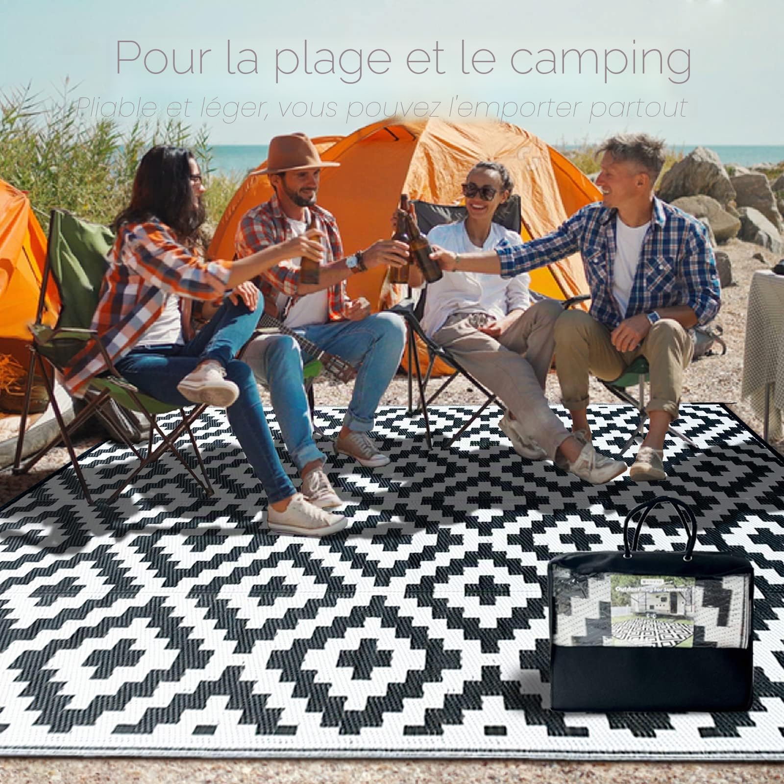 CHOSHOME Tapis pour Extérieur 150X240CM Tapis d'extérieur Robuste Résistant aux intempéries aux UV, pour Balcon, terrasse, Jardin d'hiver, Cuisine ou Salle à Manger Tapis réversible Noir