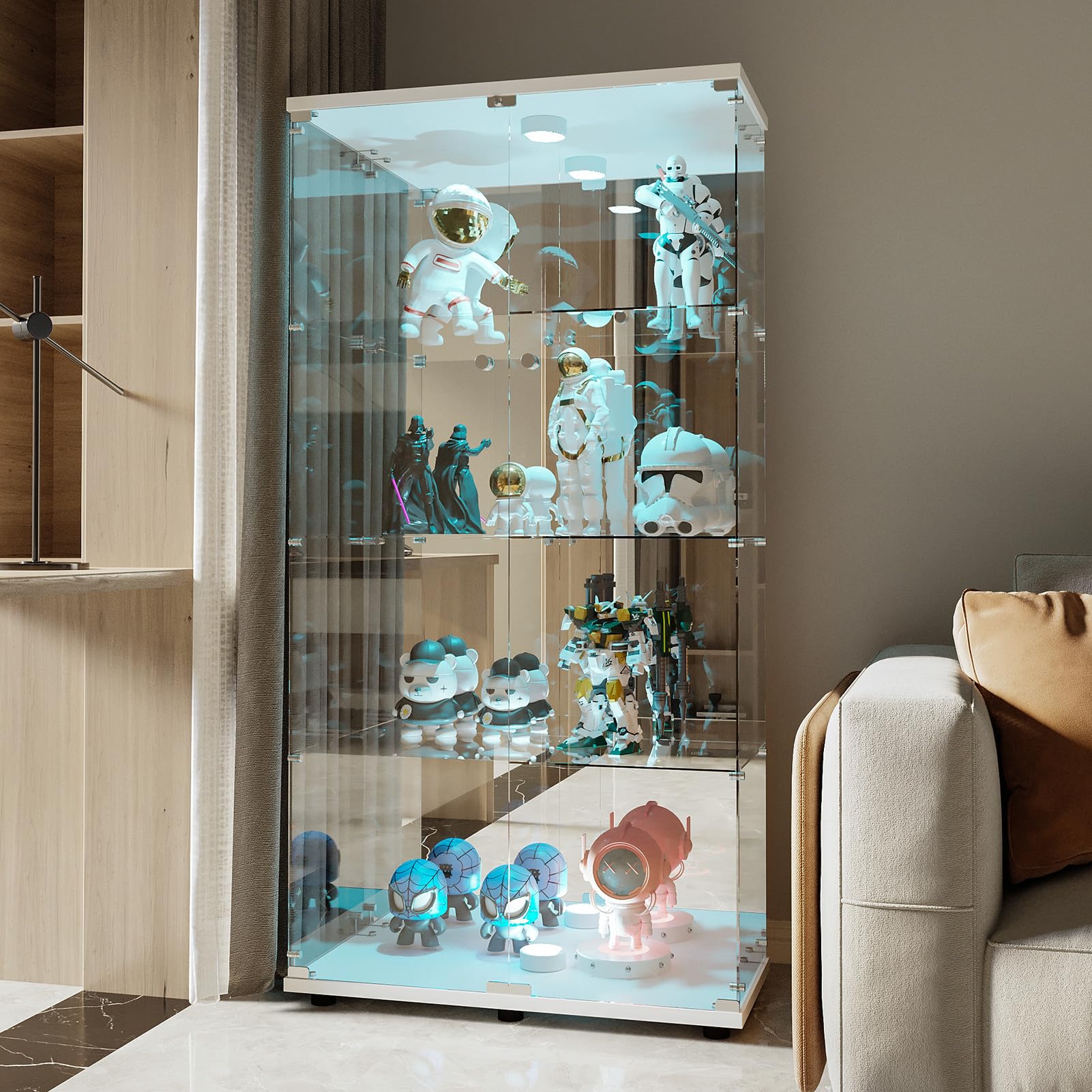 BRILVERDE Vetrina con Ripiani in Vetro, con Luci LED, Doppia Anta con Serratura, Mobile Vetrina per Collezioni, Libri, Vini, Ufficio e Soggiorno (4 Bianco Specchio LED, 164 x 80,5 x 36,5 cm)