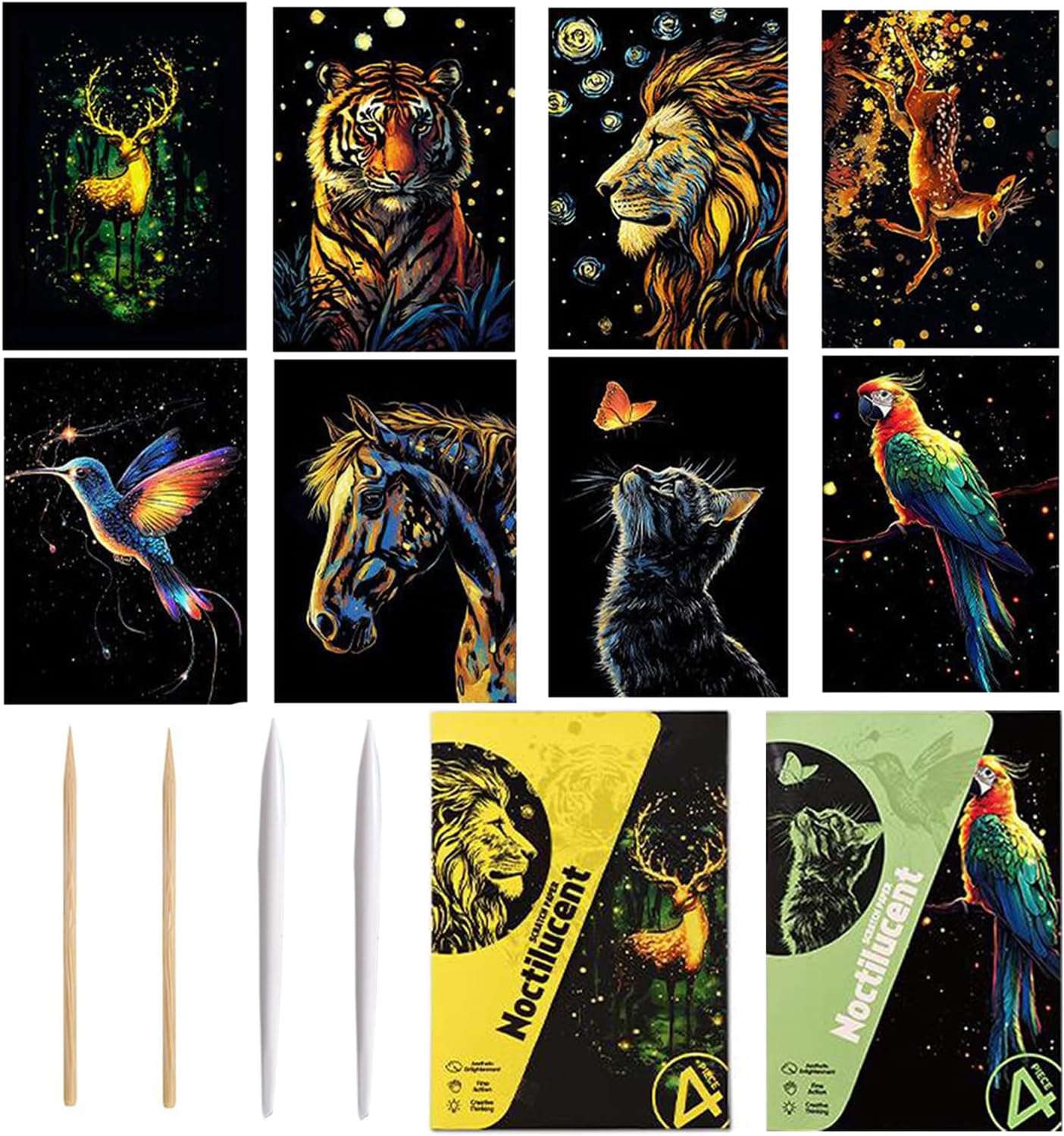 Georgie Porgy Scratch Pictures Set DIY Craft Kits for Children Adults Magic Rainbow Scratch Paper for Christmas Birthday Gift with Scratching Tools Kit (A5 Night-Glowing Elf Animal+Forest Animals)