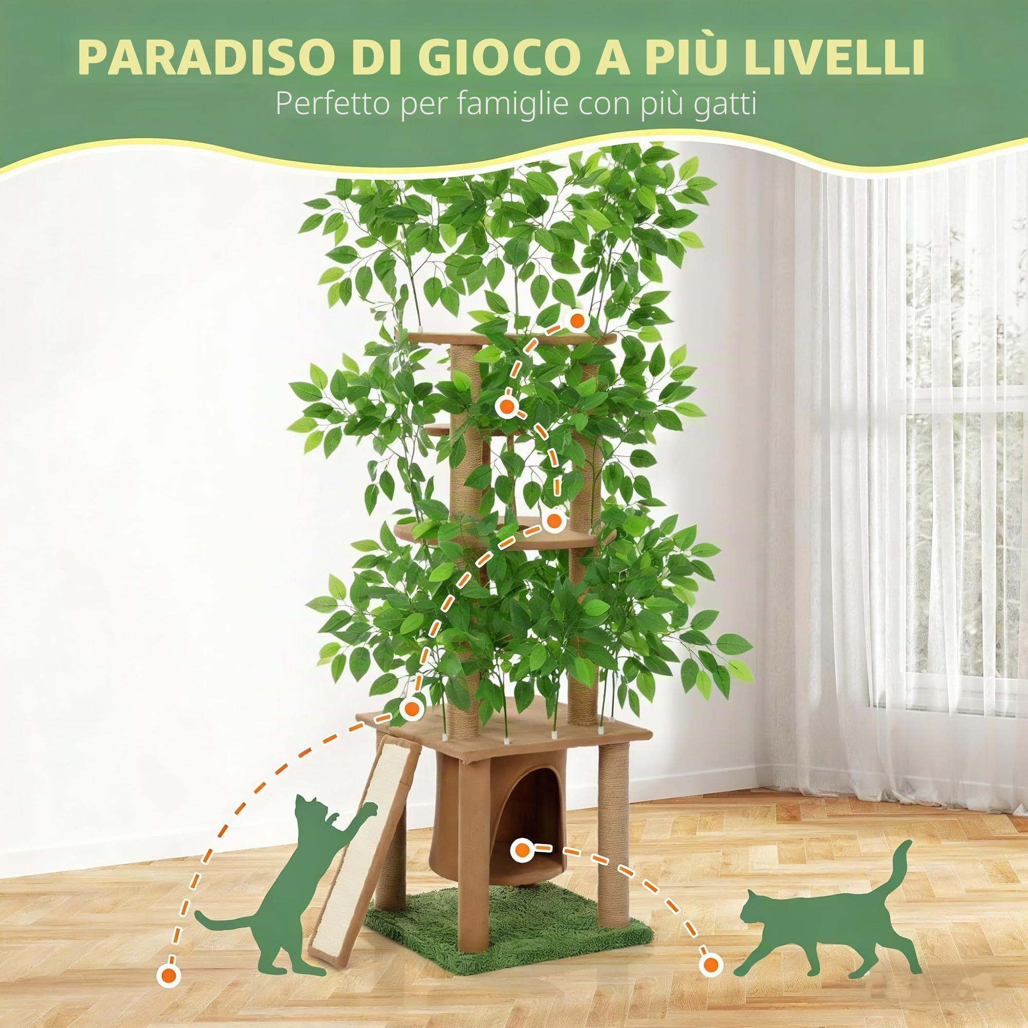 Albero tiragraffi ultra alto a 5 gradini (185 cm), in legno naturale con piante verdi artificiali, versatile per un piacere naturale di arrampicata