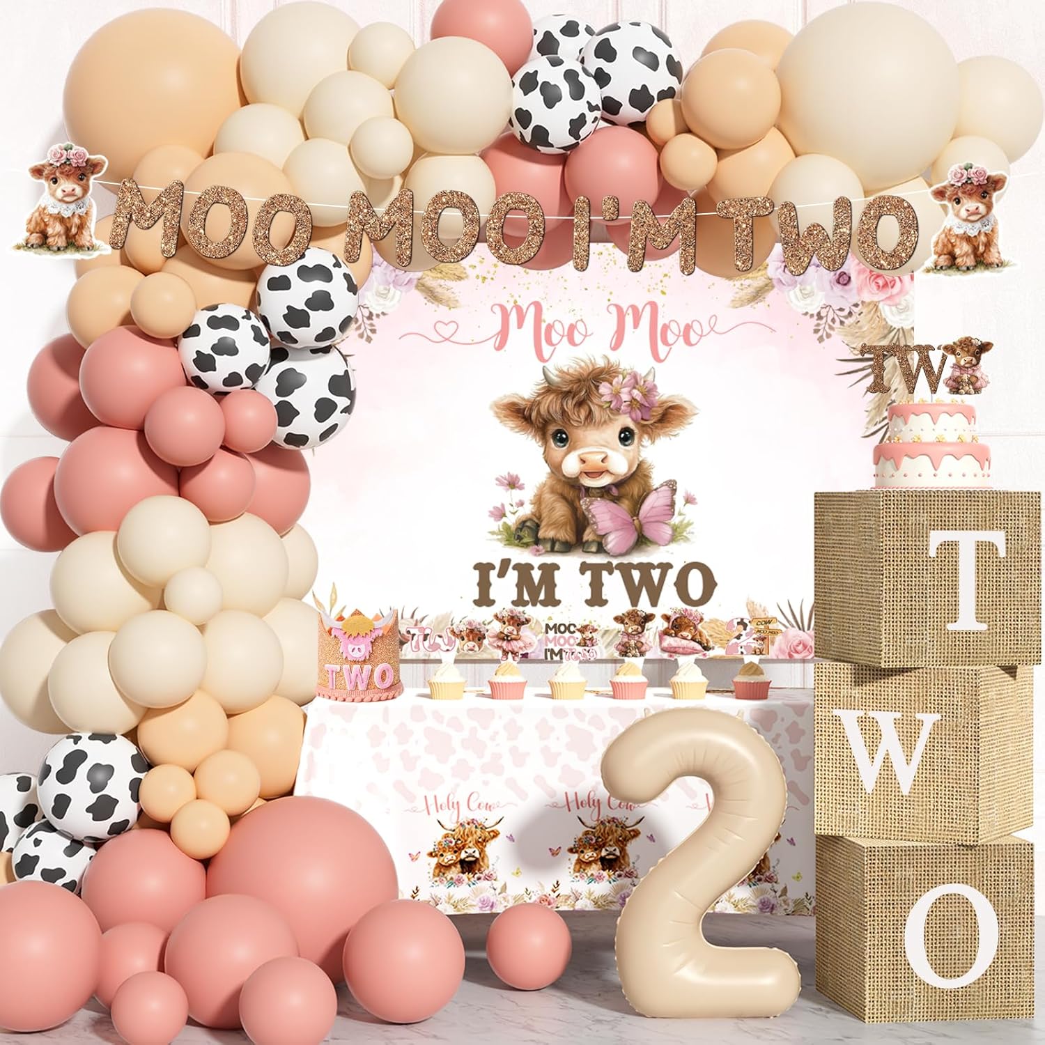 Moo Moo I’m Two Birthday Party Decorations, 124 Pcs – Highland Cow 2nd Party Supplies with Backdrop, Balloon Garland, Cake Topper, Boxes for Girls Boho Cow Themed 2 Year Old Birthday