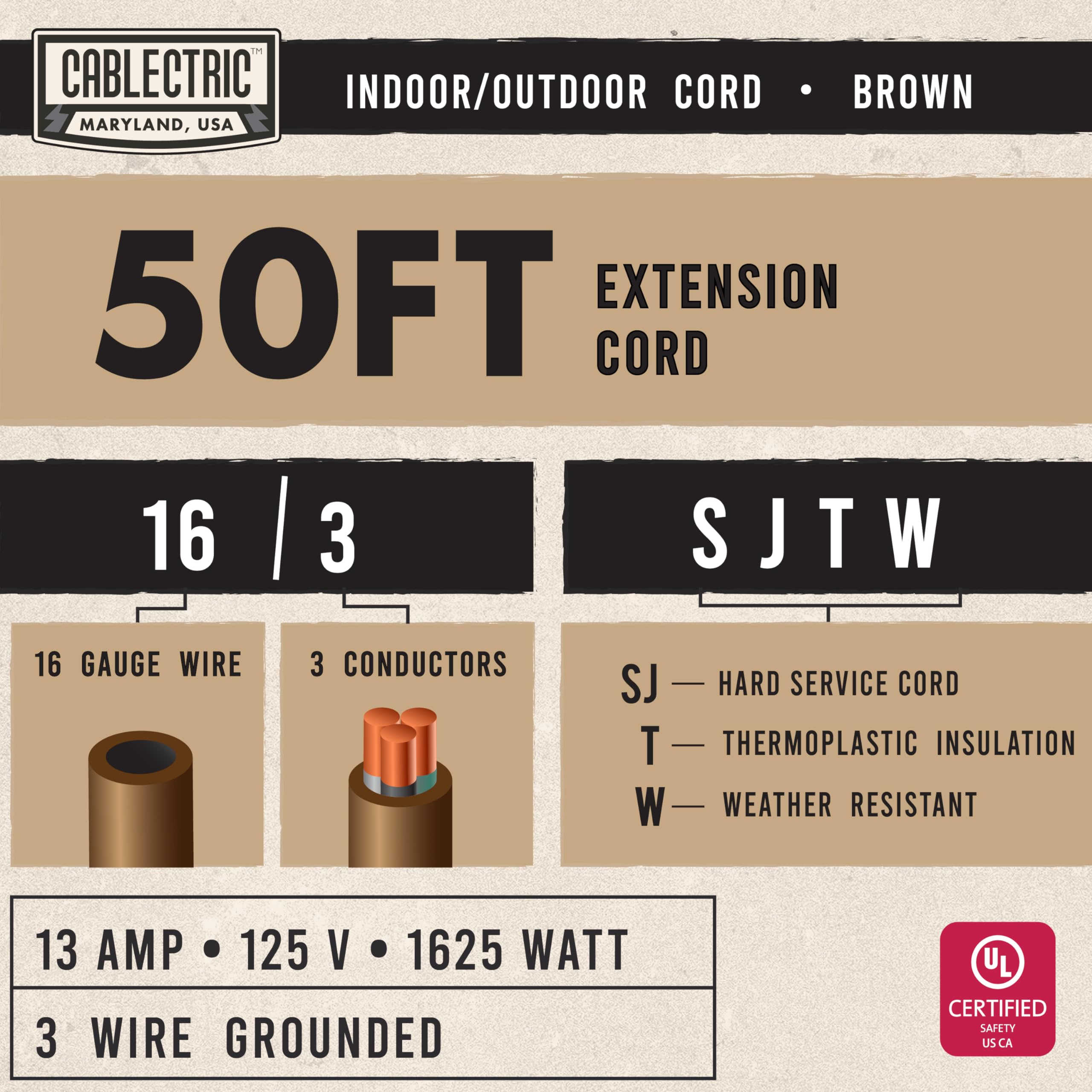 Cable de extensión marrón de 50 pies para exteriores, cable resistente 16/3 con enchufe de 3 clavijas, 13 amperios para jardín, césped, paisajismo, herramientas y electrodomésticos, cable