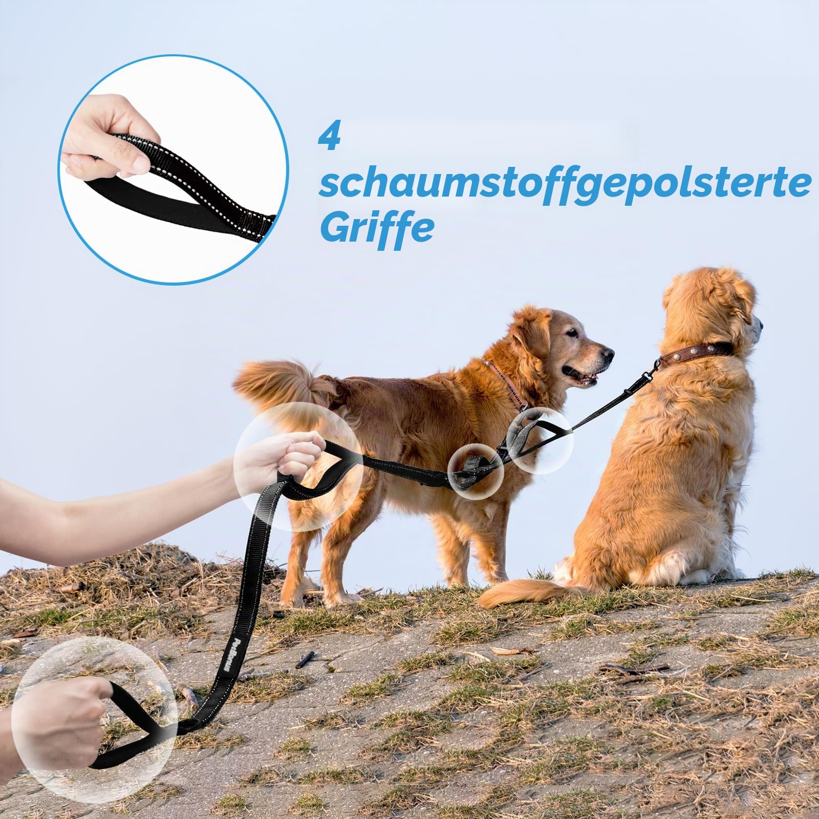 PetBonus Hundeleine Doppelleine für 2 Hunde, Keine Verwicklung Leine für 2 Hunde Groß, Verstellbar Reflektierend Doppelte Leinen mit 4 Gemütlich Gepolsterte Griffe (Schwarz)