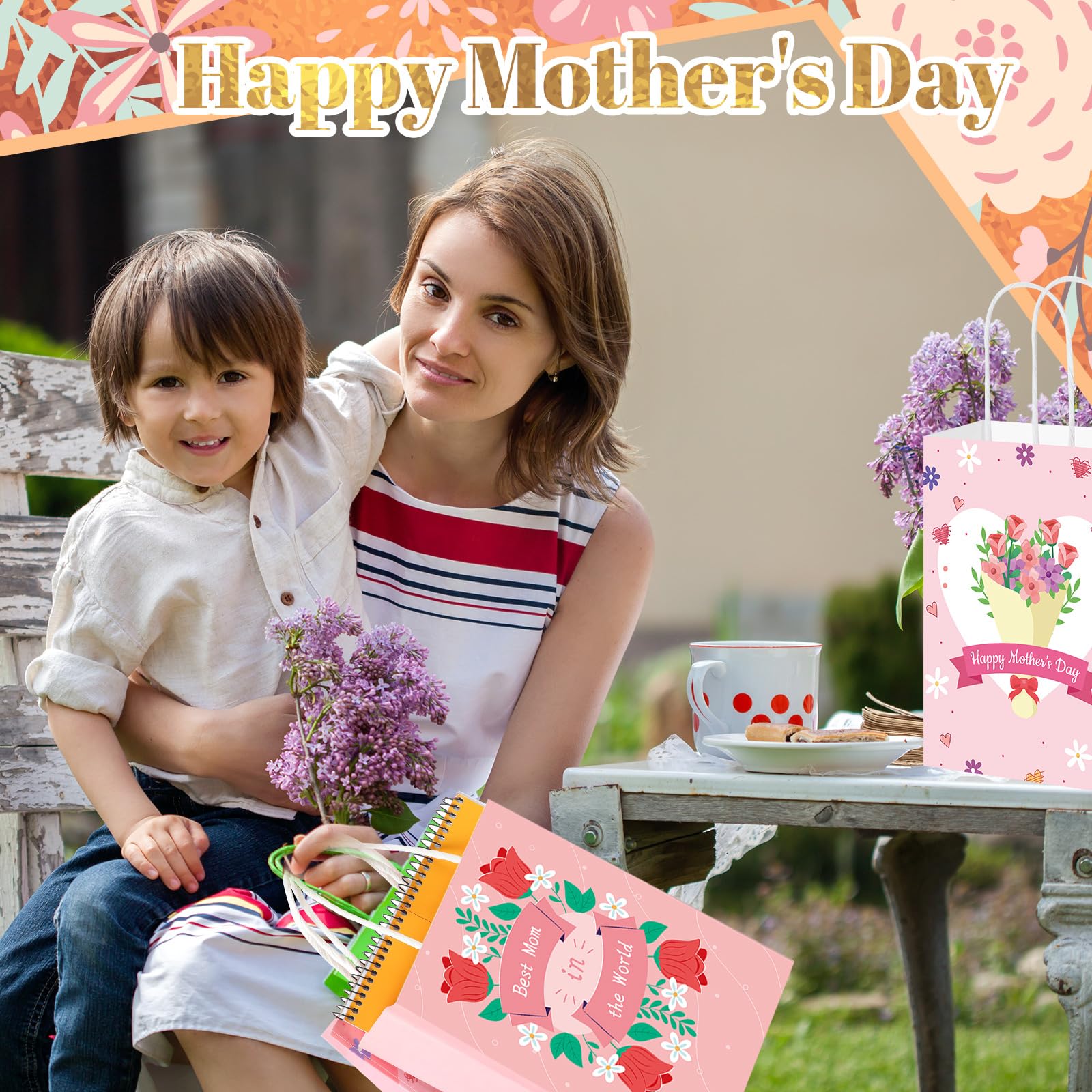 Yeaqee 100 Pcs Mother's Day Pape Gift Bags with Handles Pink Floral Treat Bags Bulk for Mother's Day Party Favors Decorations