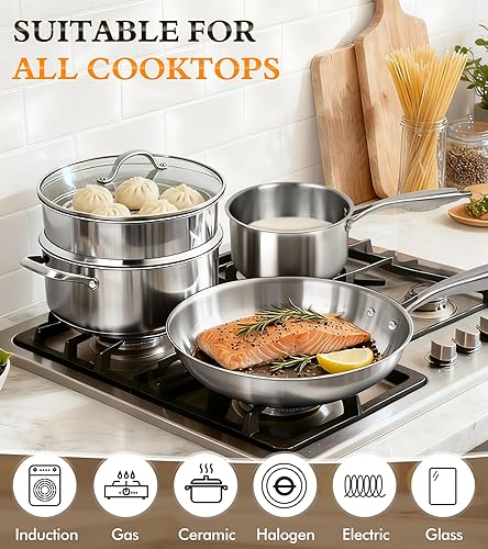 Miniatura 7 de Juego de ollas y sartenes de 16 piezas, juego de utensilios de cocina de acero inoxidable de tres capas con tapas, juego de cocina no tóxico, apto