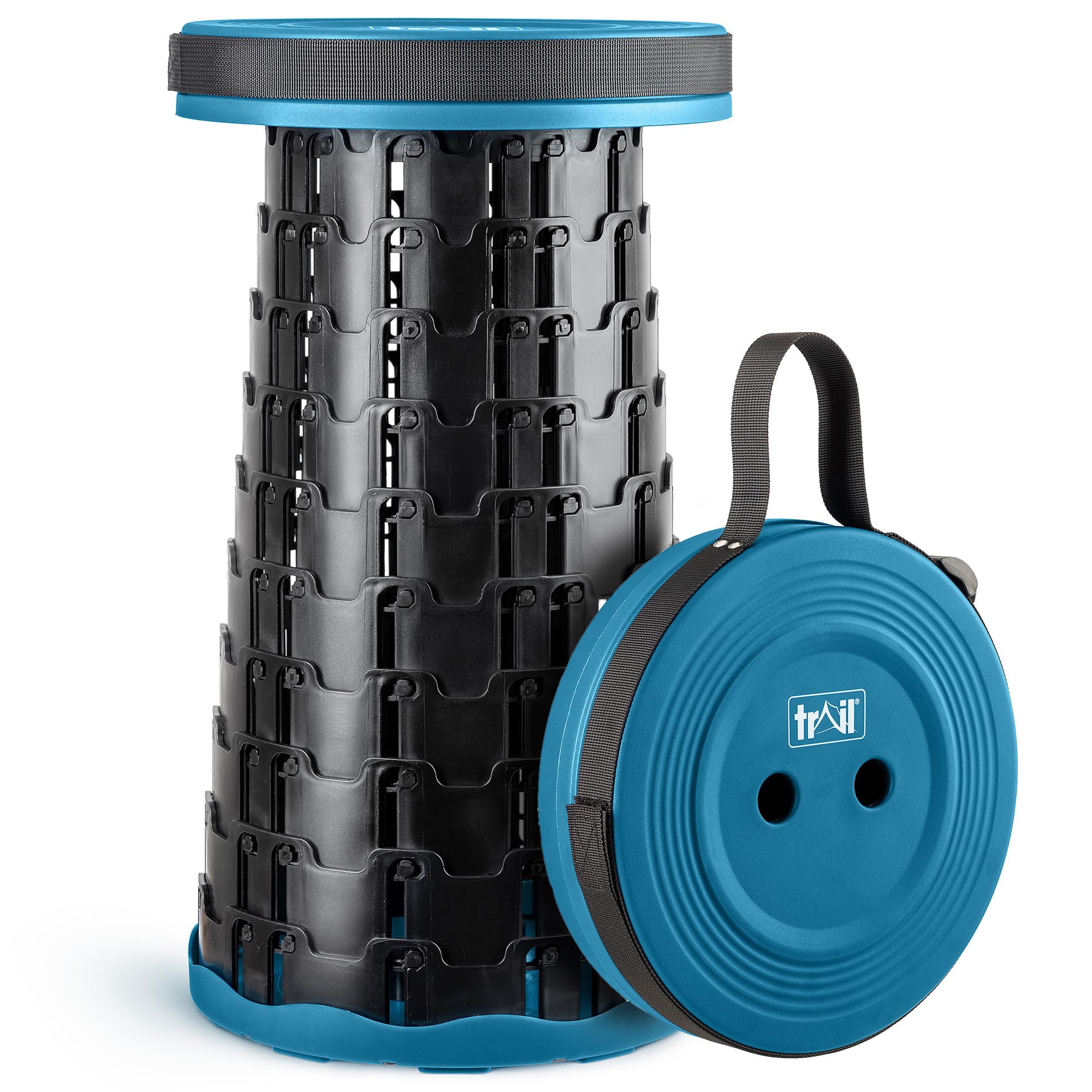 Trail Portable Telescopic Stool, Collapsible Folding Expanding Outdoor Camping Seat, Adjustable to H45cm, Safety Lock, Lightweight with Carry Strap, 150kg Max Load, Hiking, Festival, Fishing (Teal)