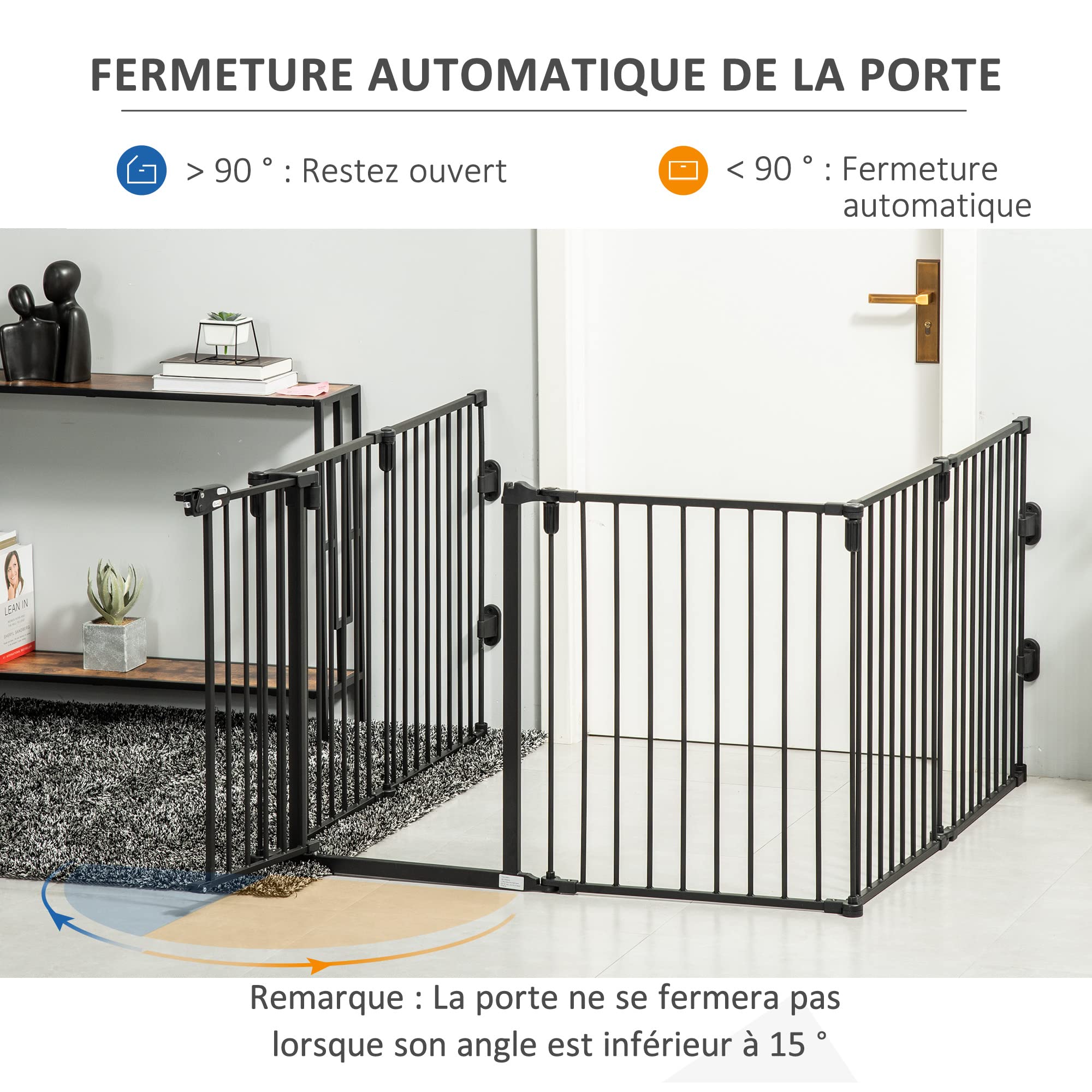 PawHut Barrière de sécurité barrière de Protection cheminée Parc enclos Chien Pliable modulable 6 Panneaux avec Porte sans perçage 362,5 x 76 cm Noir