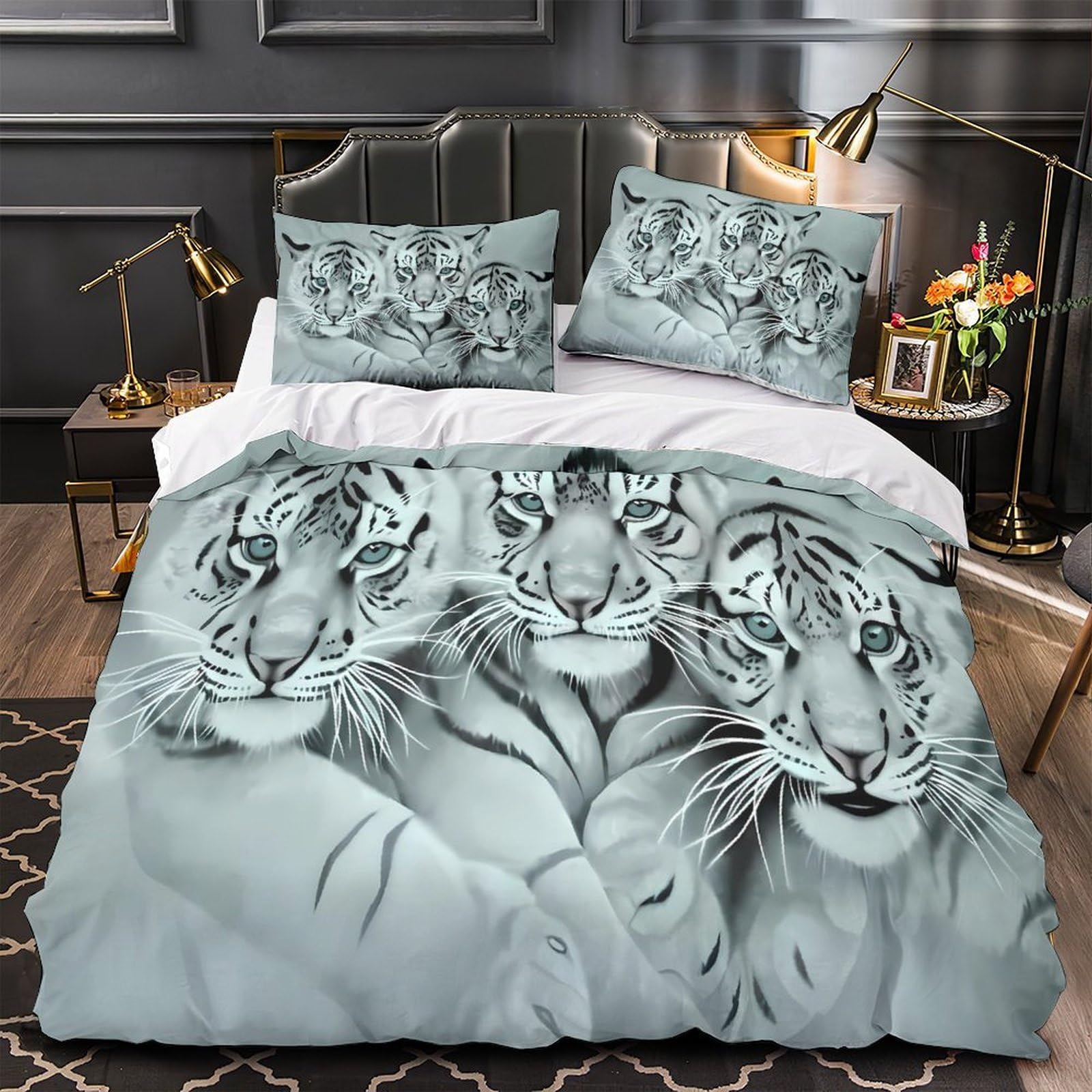 Housse de couette 3D tigre blanc 220x240 parure linge de lit microfibre résistante 3 pièces