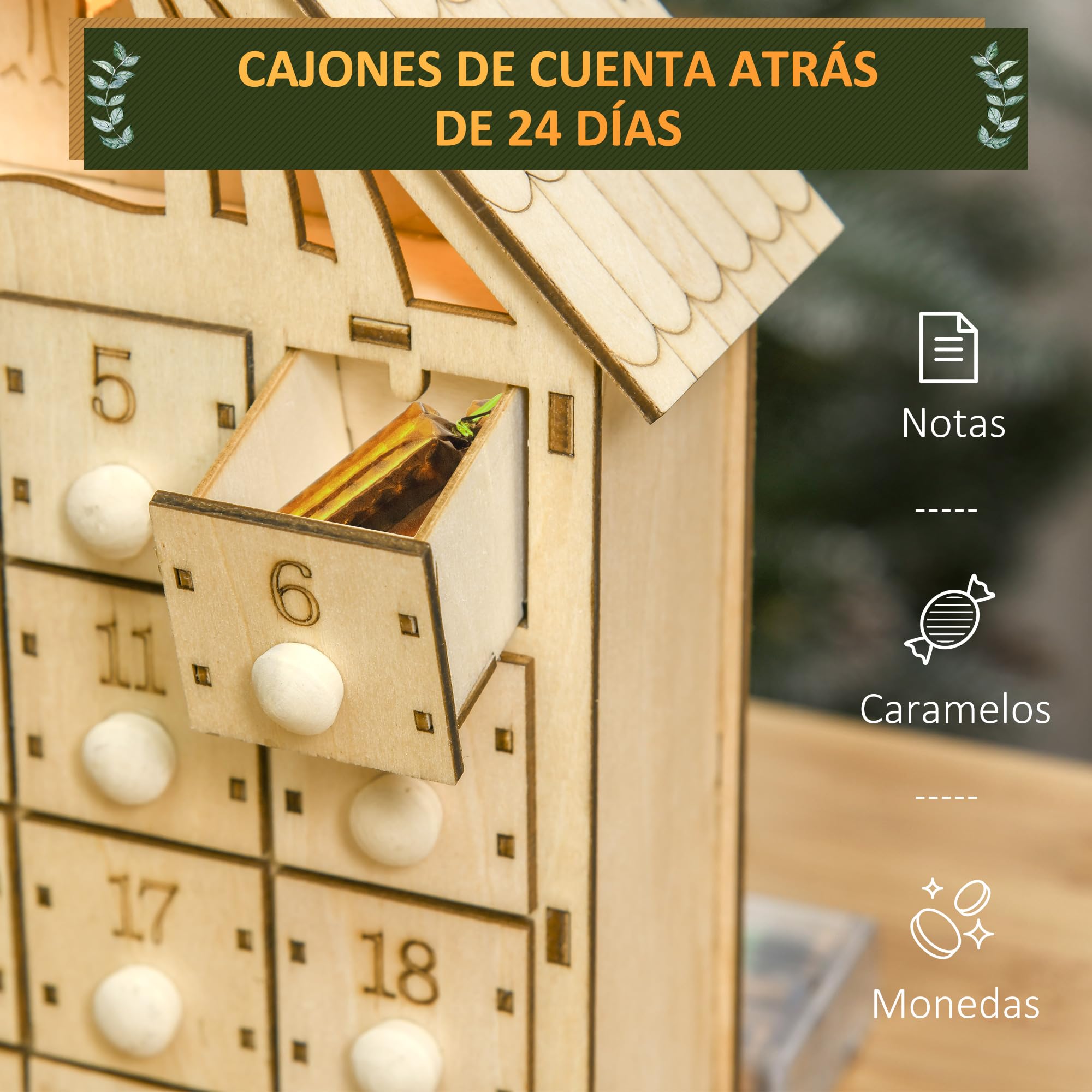 HOMCOM Calendario de Adviento Madera con Luces 24 Cajas Navidad 26,6x6x30 cm Natural