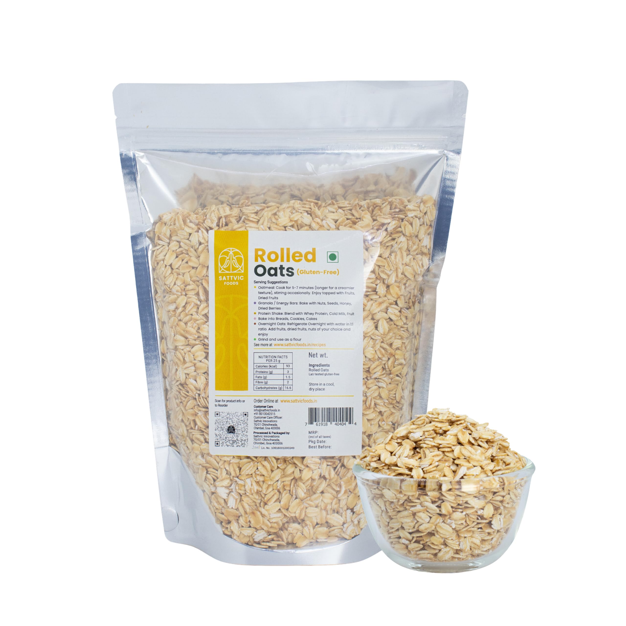 Sattvic Foods Jumbo Rolled Oats (1.5 kg) | Gluten-free, Large Old Fashioned Rolled Oat Flakes | High in Fibre and Protein | Make Oatmeal, Overnight Oats, Muesli, Granola bars, Use in Baking