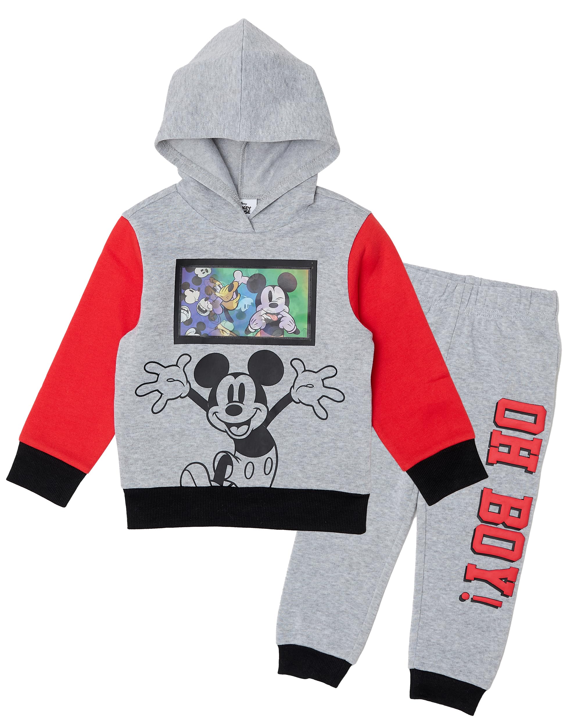 Disney Mickey Mouse Toddler Boys’ Outfit Set - Two Piece Hoodie Sweatshirt with Holographic Patch & Jogger Pants (Red 1, 3T)