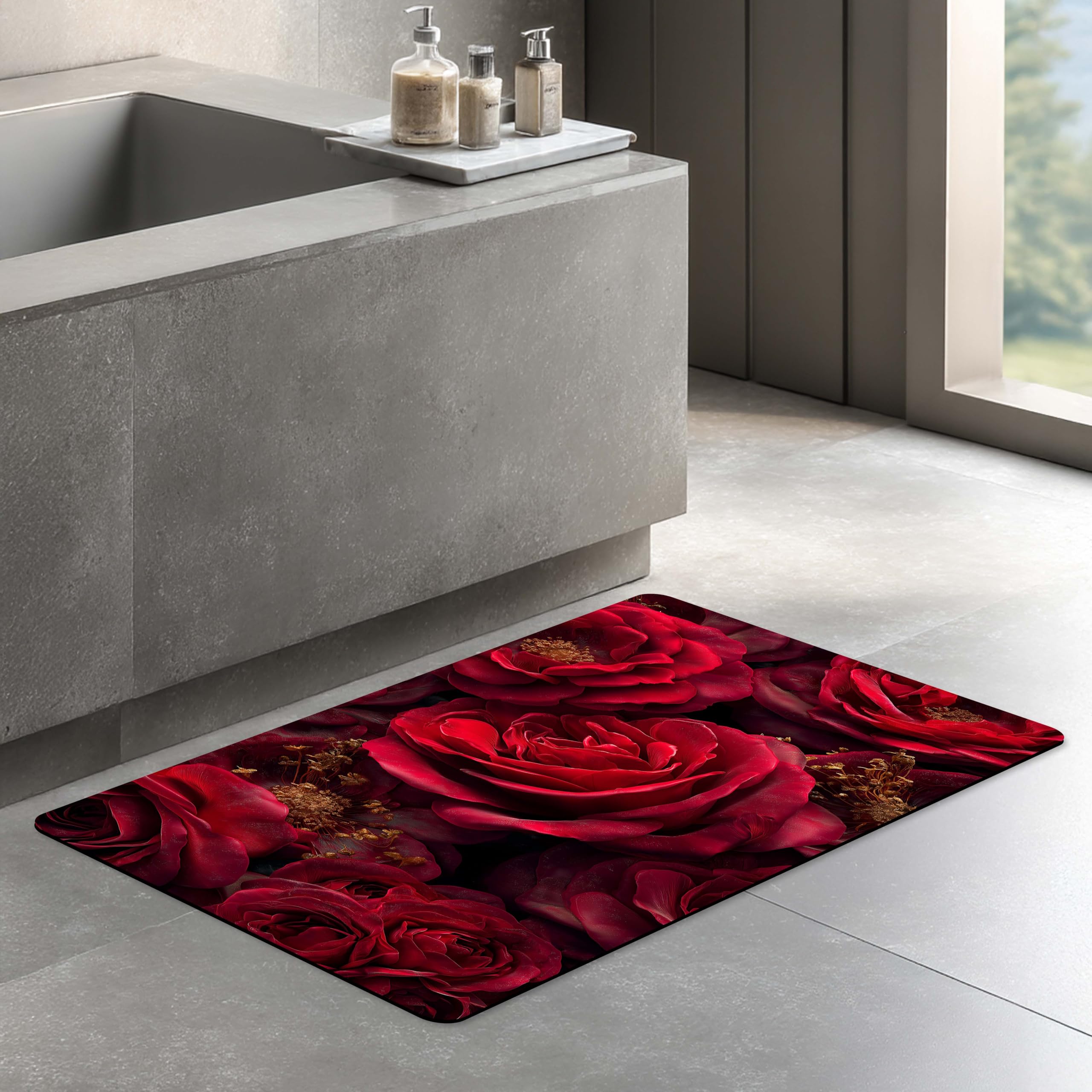 Floor Mat – Quick Dry Diatomite Absorbent Rug | Anti-Slip Soft Rubber Base Doormat for Bathroom, Bedroom, Kitchen & Entryway | Carpet Bathroom Floor Mat (80×40 cm – 3D Illusion Deep Red Rose Design)