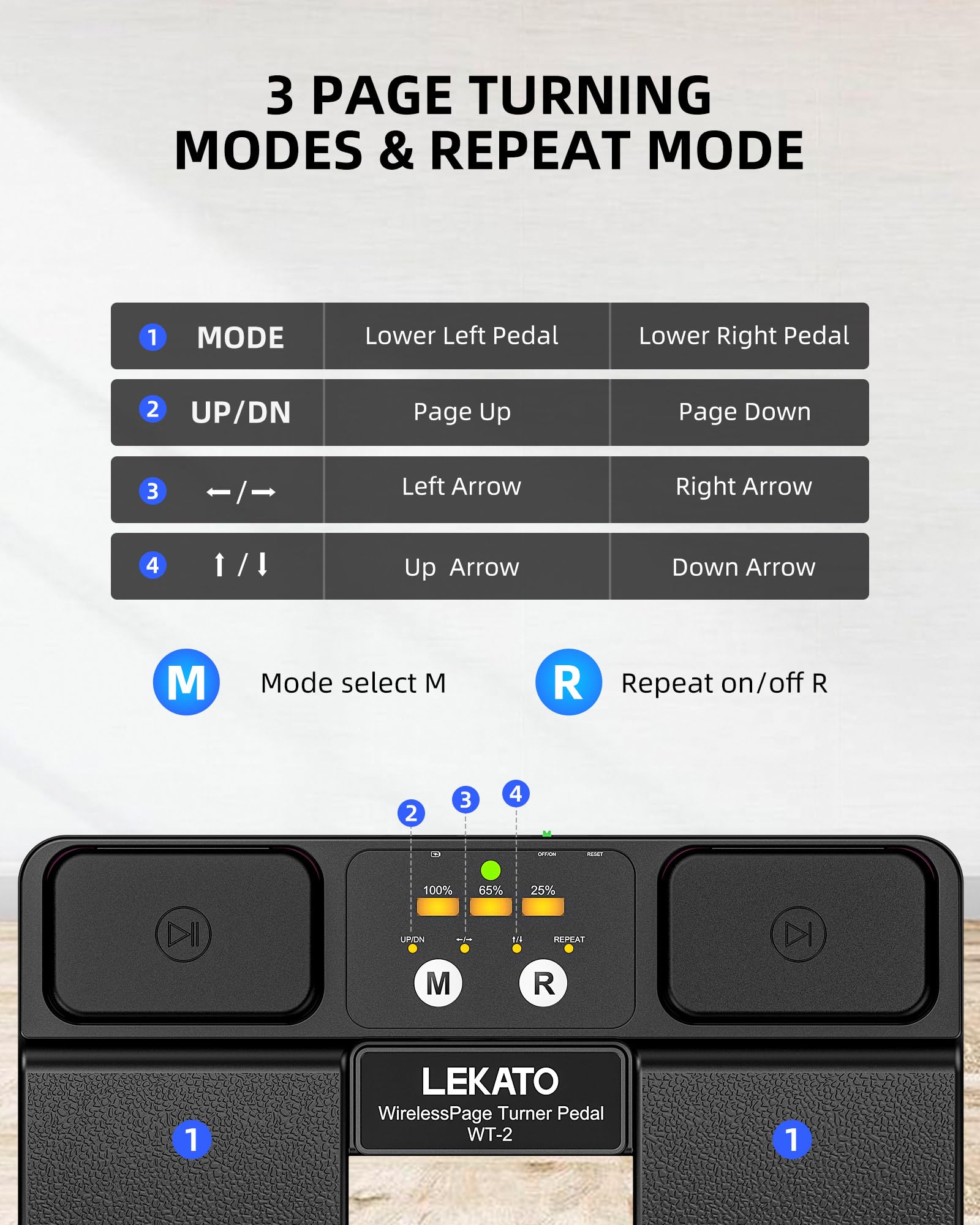 LEKATO Pedale Bluetooth Page Turner con controllo backing track e indicatore batteria, pedale wireless ricaricabile per spartiti, smartphone, tablet e lezioni musicali (WT-2)