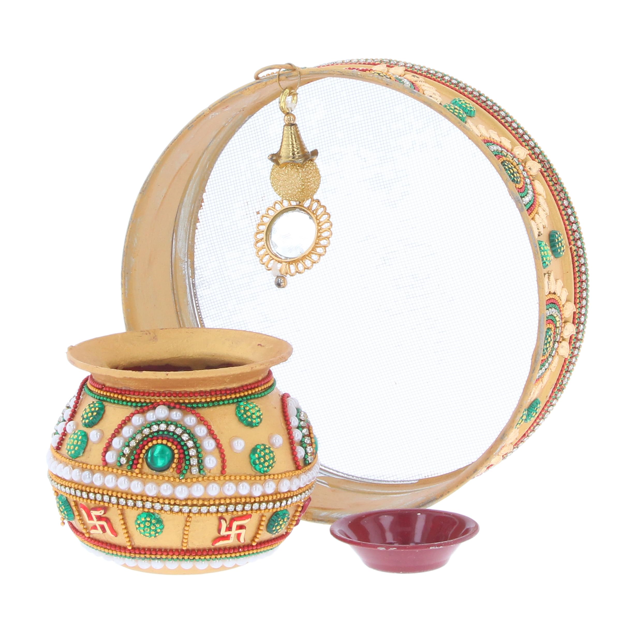 Indiabazaar Women's Chalni Set - Design 4 Karwa Chauth Set Karva Chauth Thali Indian Pooja Puja Kalash Lota Chalni Channi Diya Karwachauth Diwali Traditional Combo Multicolour Decorative Husband Wife Festival Gift (Chalni Set - Design 4)
