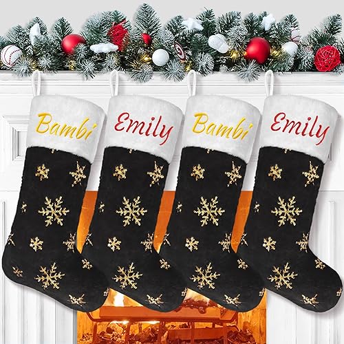 Miniatura 2 de Juego de 4 medias negras de piel sintética de Navidad personalizadas grandes de 22 pulgadas, medias colgantes de felpa negra con nombre