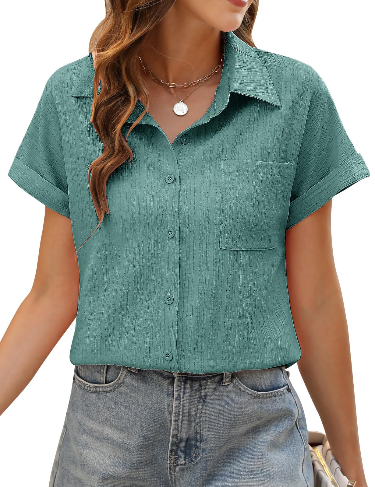 PASUDA Bluse Damen Sommer Elegant Hemdbluse Kurzarm Blusen Musselin Hemd Tunika Tops V-Ausschnitt Button-Down Sommer Oberteile Casual Basic Shirt mit Tasche Blusen