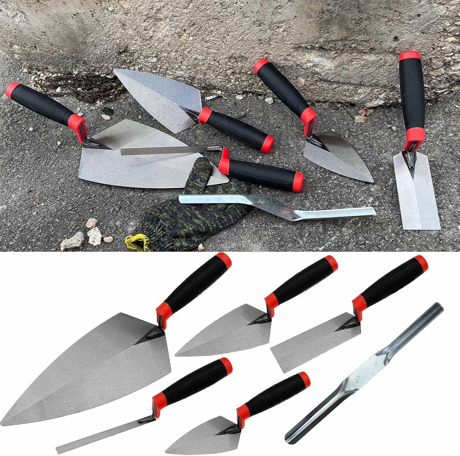 6 Pack Masonry Hand Tool Set | Concrete Tool Set Includes Brick Trowel, Pointing Trowels, Margin Trowel, Tuck Pointing Trowels, Convex Brick Jointer
