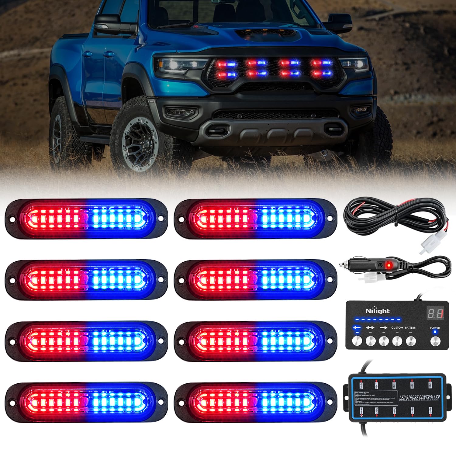 Nilight 8PCS Led Strobe Lights with Controller 12/24V Sync Feature Red Blue
