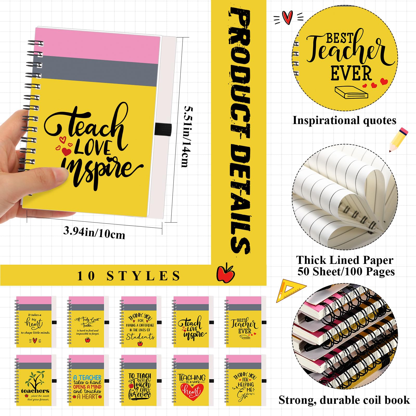 Resurhang 20 Sets Lehrer-Wertschätzungsgeschenk, Bulk-Bleistift-Design, Spiralnotizbuch mit Glitzer-Lehrer-Kugelschreiber, Dankeschön-Geschenk für Lehrer, Mitarbeiter, Bürobedarf, 10 Stile