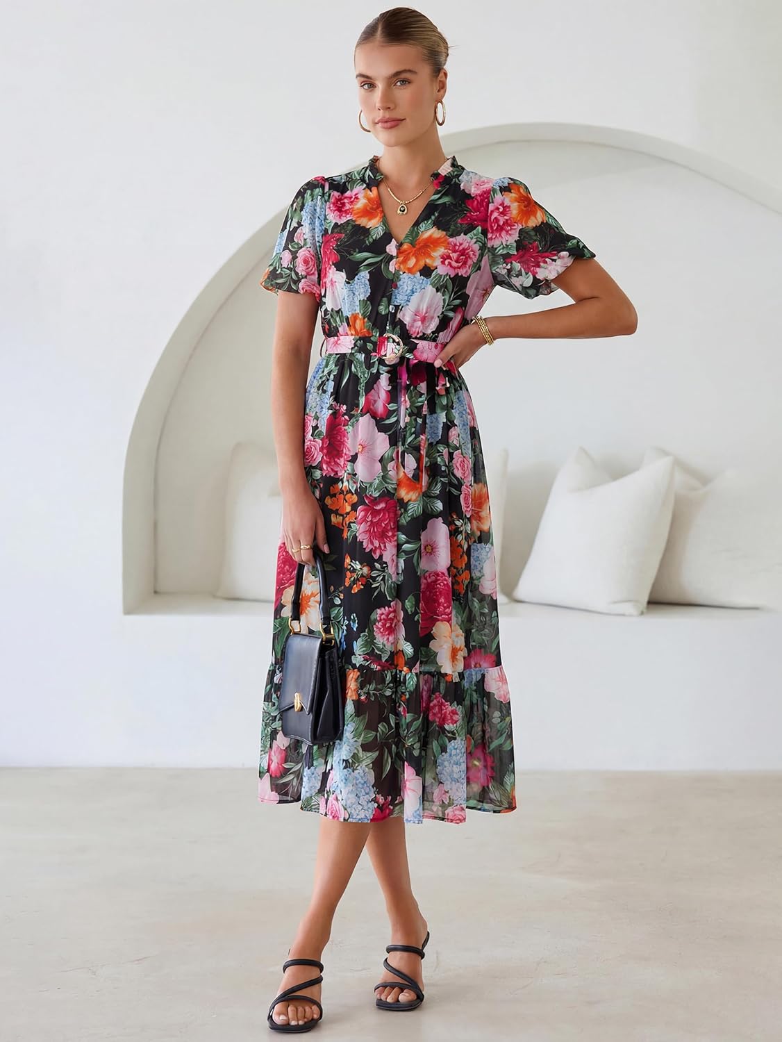 Simplee Womens Summer Boho Floral Midi Dress Casual Beach Wedding Guest Chiffon A Line Belted Long Flowy Holiday Dresses 2026 - Image 7