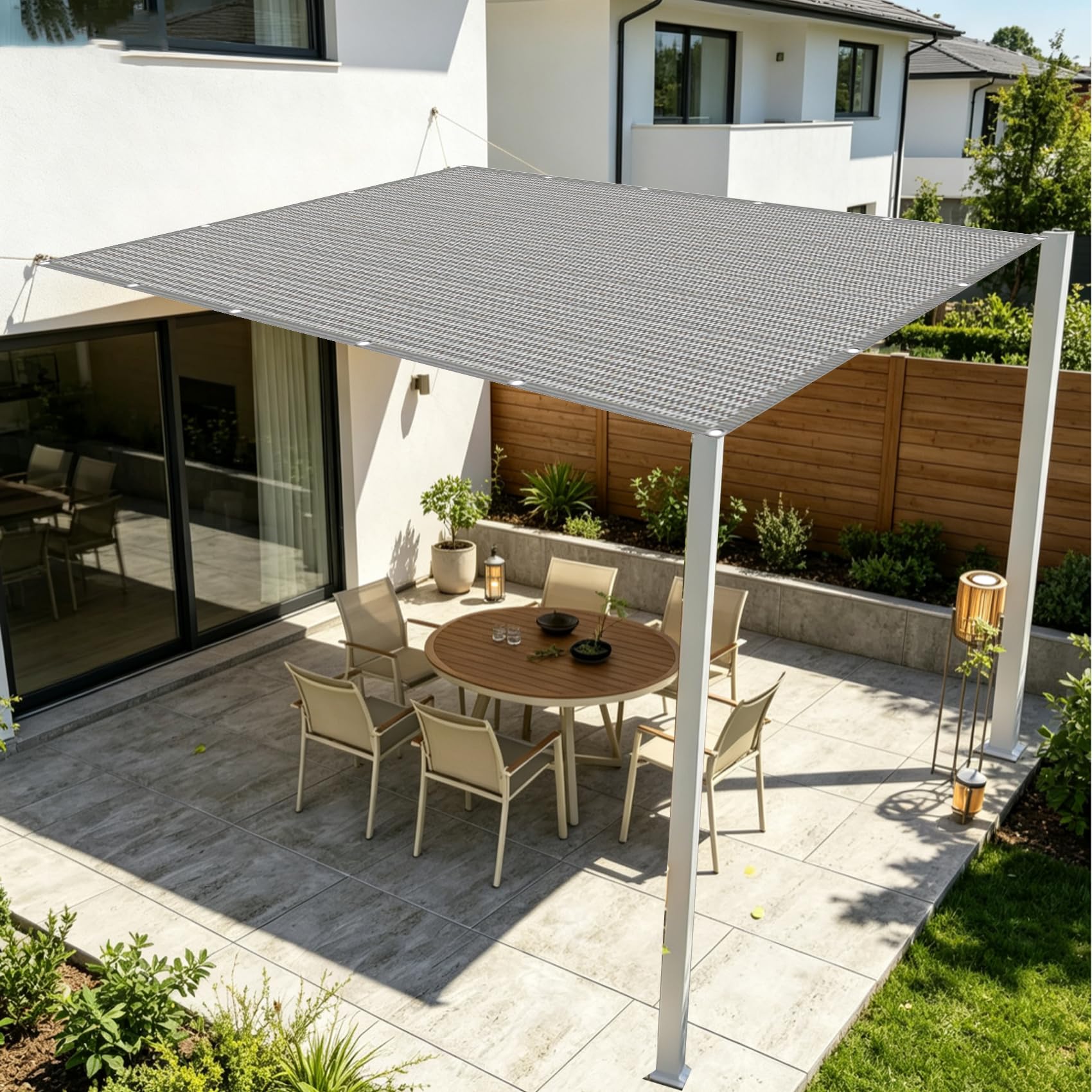 Sonnensegel mit Ösen 4 x 4.2 m 100% Polyester Uv-Beständiges, Wetterfest, Ohne Bohren, Leicht Haltbarkeit, Outdoor Schattierungsnetz Balkon mit Ösen für Balkon Terrasse, Hellgrau