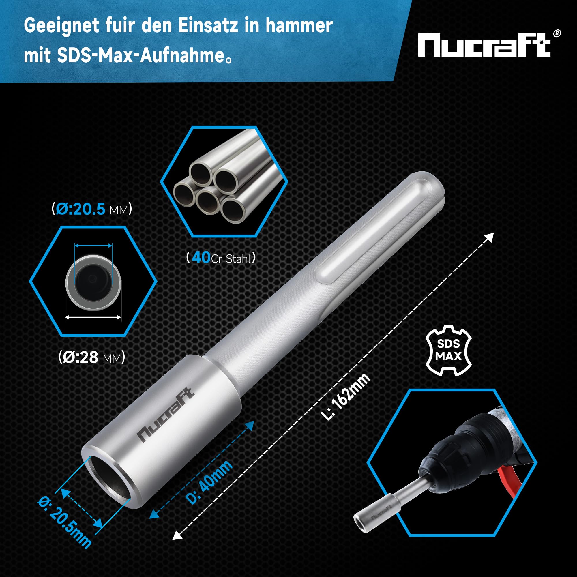 Nucraft Bouterolle d'enfoncement SDS-MAX, Pilote de tige de terre professionnel 162 x 28 mm, Ø20,5mm