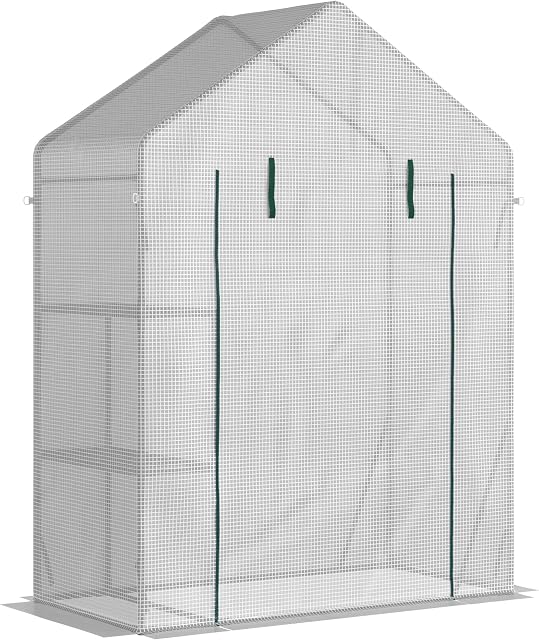 Outsunny Greenhouse for Outdoor, Portable Gardening Plant Grow House with 2 Tier Shelf, Roll-Up Zippered Door, PE Cover, 143 x 73 x 195cm, Green