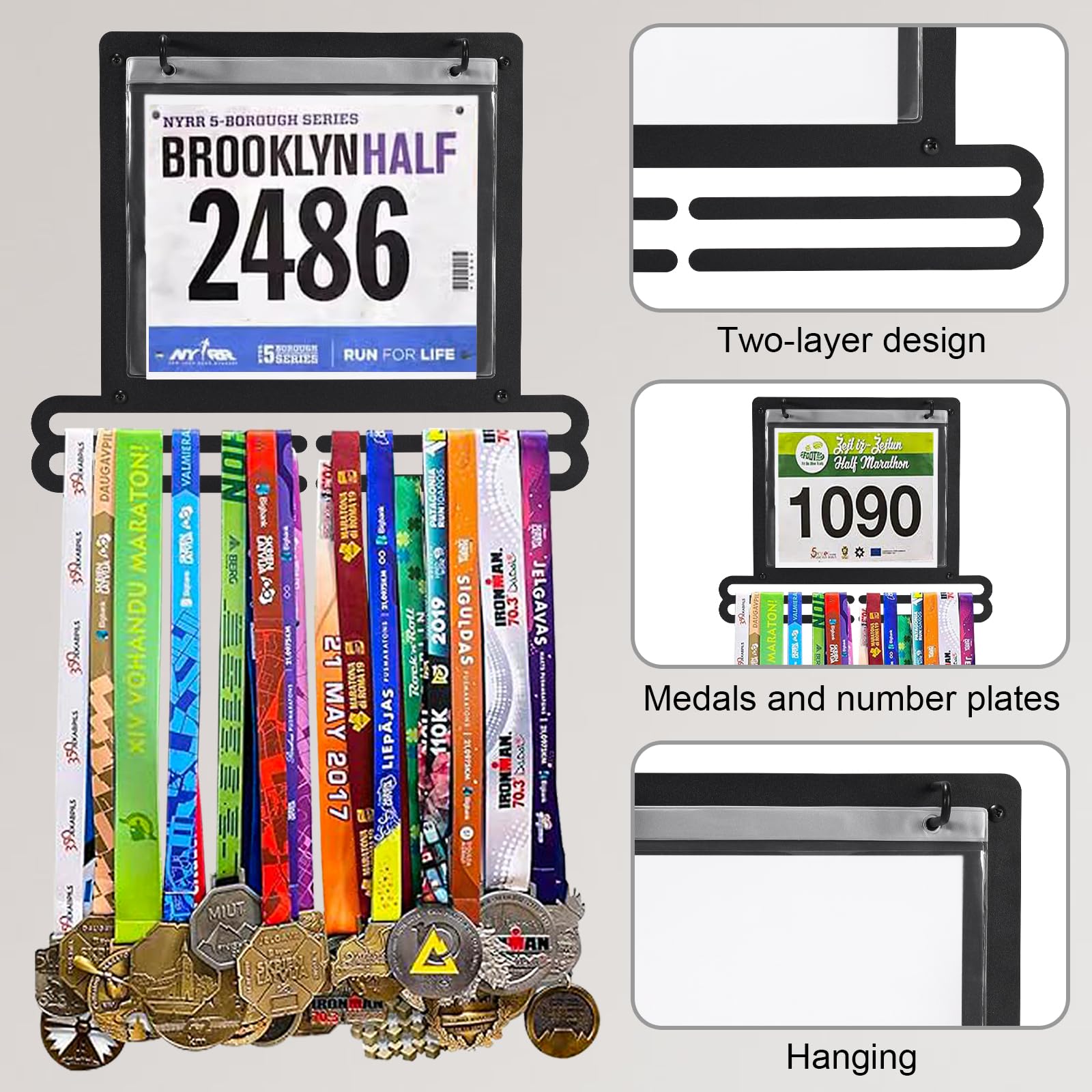 OKYUK Medaillenständer zur Wandmontage für Marathon und Läufer, mit Startnummernhalter und Aufhängefunktion