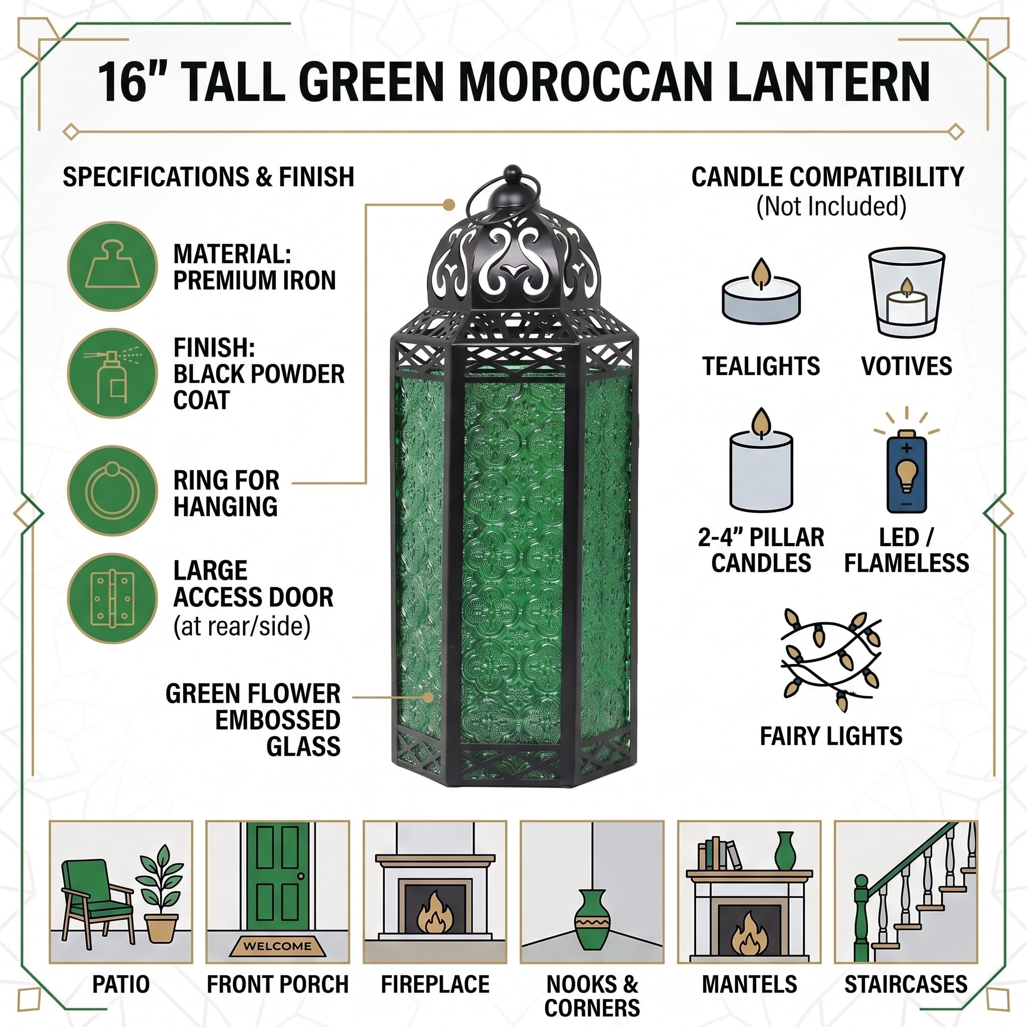 Lanterna decorativa marocchina in metallo nero, portacandela per interni ed esterni, decorazione per la casa, extra large, verde