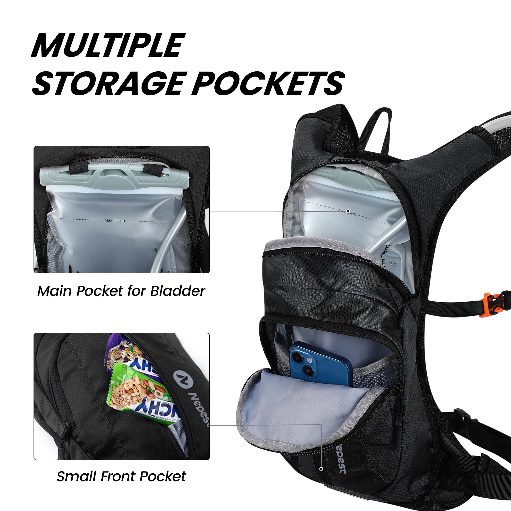 Nepest Trinkrucksack für Damen & Herren, leichter Wasserrucksack mit 2L Wasserblase zum Wandern, Radfahren, Laufen, Radfahren