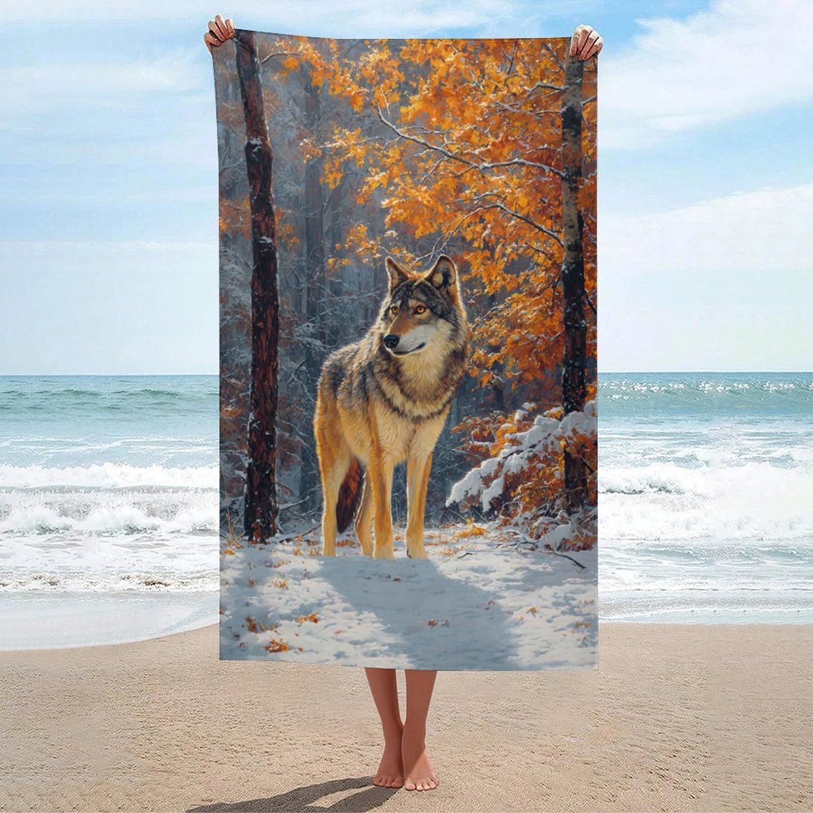 asbwuo Majestic Wolf Standing in The Snowy Beach Towel
