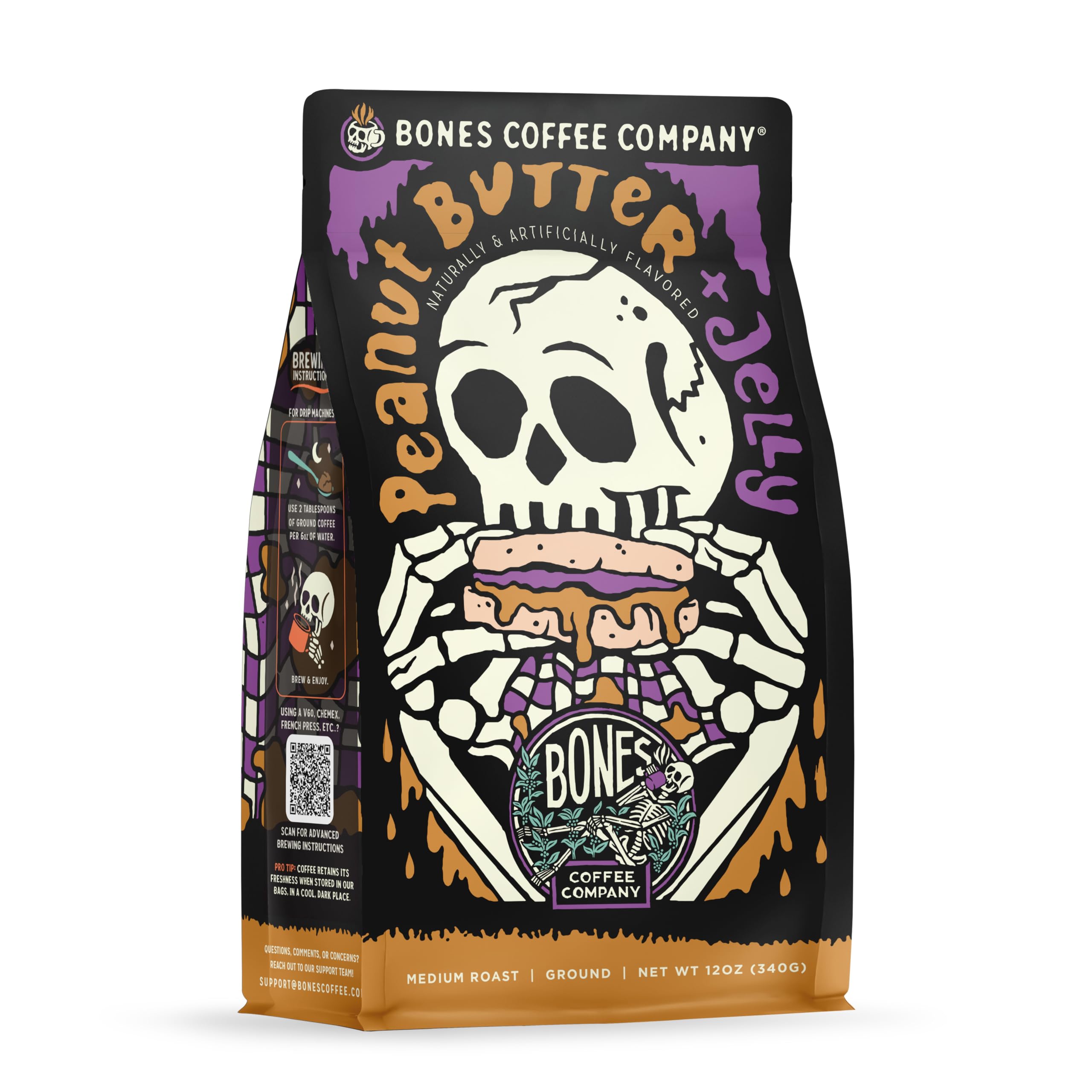 Bones Coffee Company Peanut Butter & Jelly Flavored Coffee Beans, Medium Roast Ground Coffee Low Acid, Peanut Butter & Jelly (12 oz)