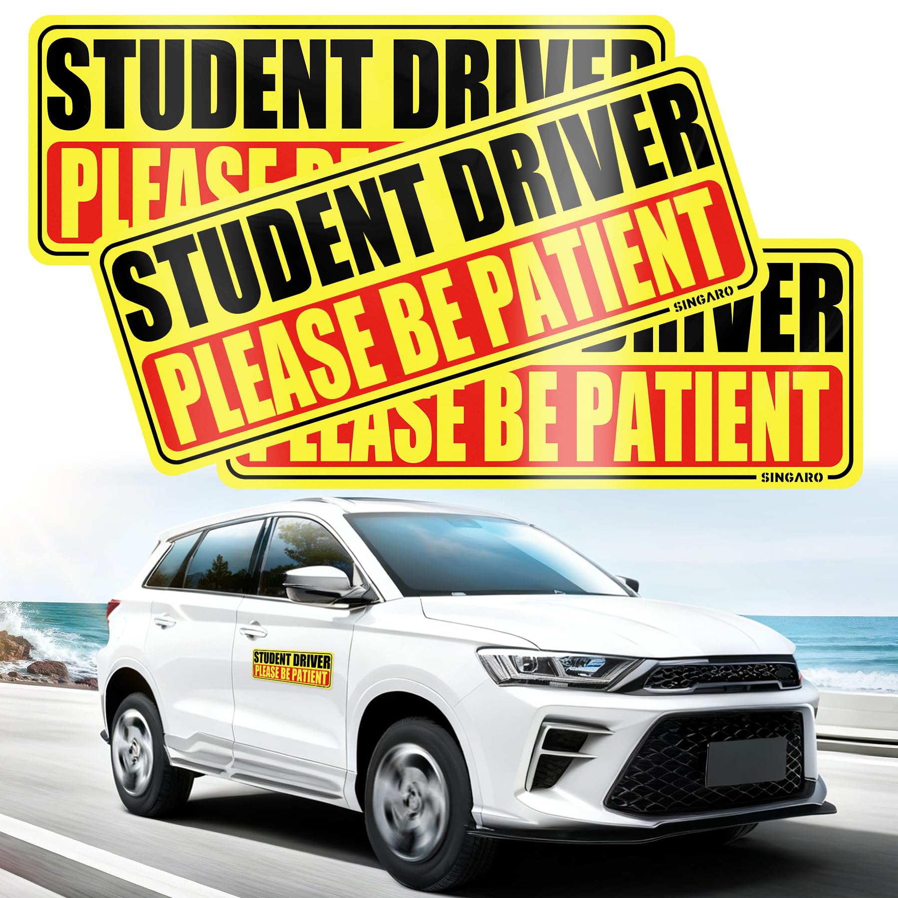 SINGARO Student Driver Magnet for Car - Please Be Patient, 3Pcs Magnetic Reflective Novice Sticker, New Driver Decal, Removable Exterior Car Accessories