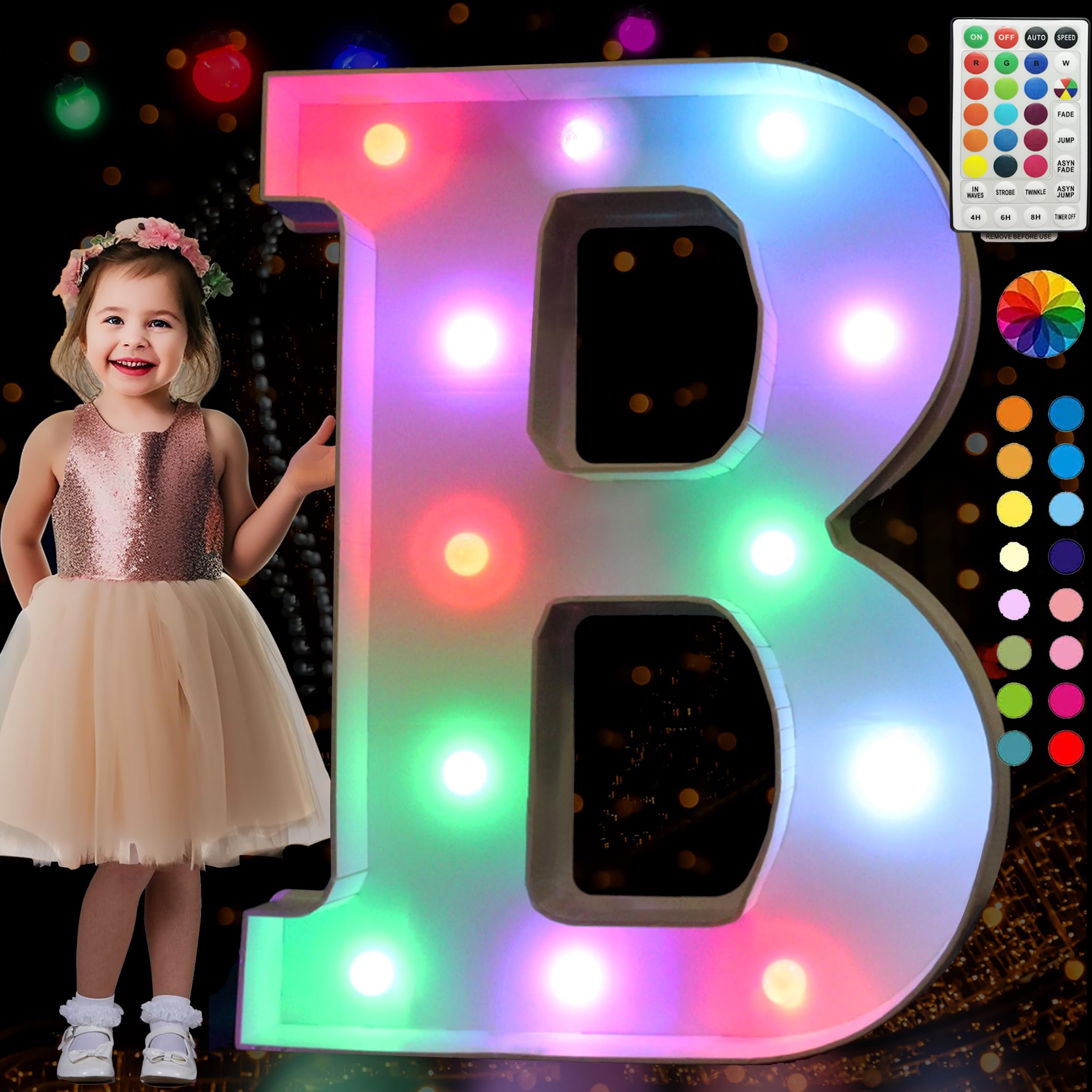 Photo 1 of Pooqla 3FT Marquee Light Up Letters, Color Changing LED Lighted Letters with Remote, Large Block Letters for Party Decoration, Balloon Frame Birthday Baby Shower Wedding Decor, Giant Letter B
