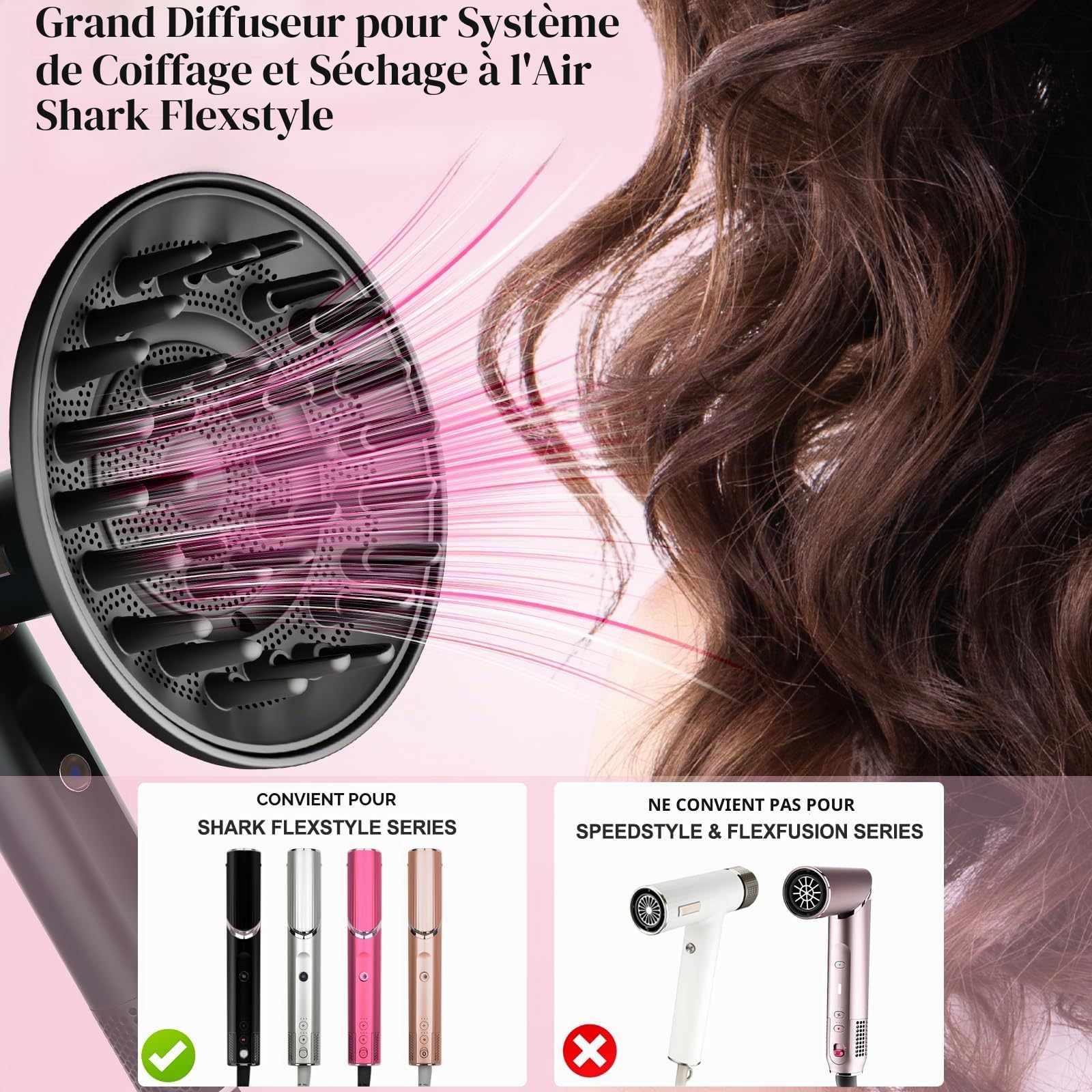 Grand diffuseur compatible avec Shark FlexStyle, buse diffuseur plus grande pour sécher plus rapidement et définir les cheveux ondulés bouclés bouclés Noir