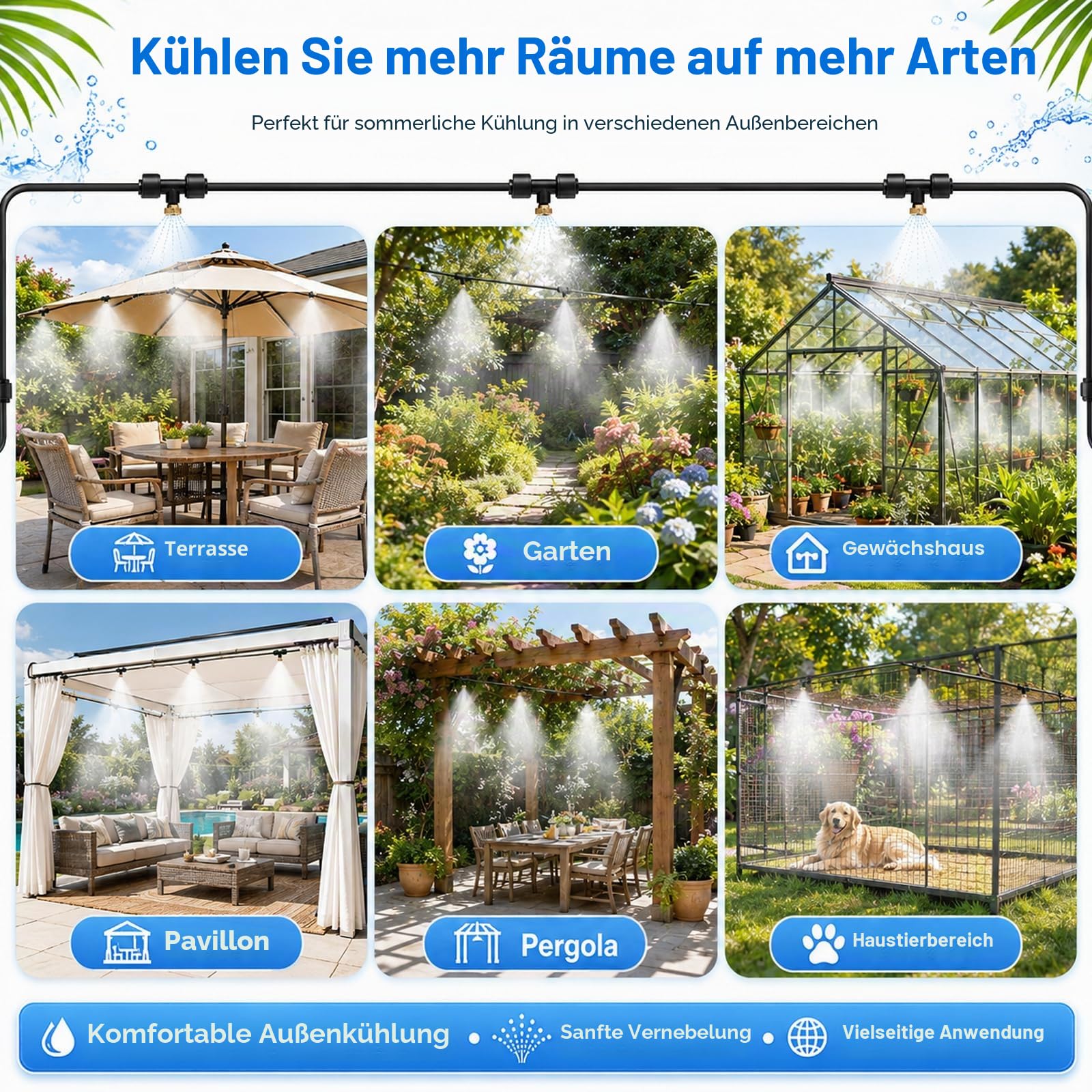 Sprühnebel System Garten, 8M Sprühnebel Kühlung Terrasse mit 18 Düsen & Krawatten, Nebelkühlsystem, Sprühnebelanlage Wasserzerstäuber für Garten, Terrasse, Rasen, Balkon, Pavillon (8M)