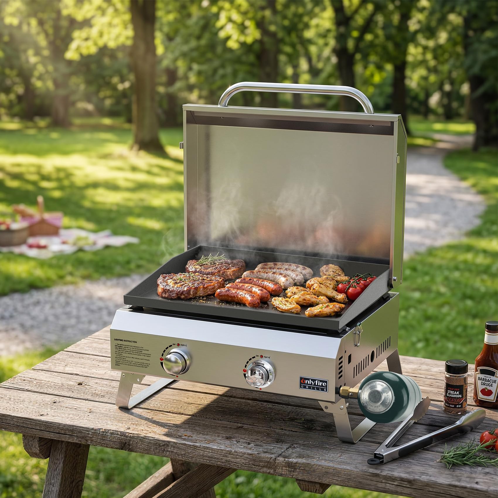 Onlyfire GS318 Plaque de cuisson à gaz 2 brûleurs avec couvercle