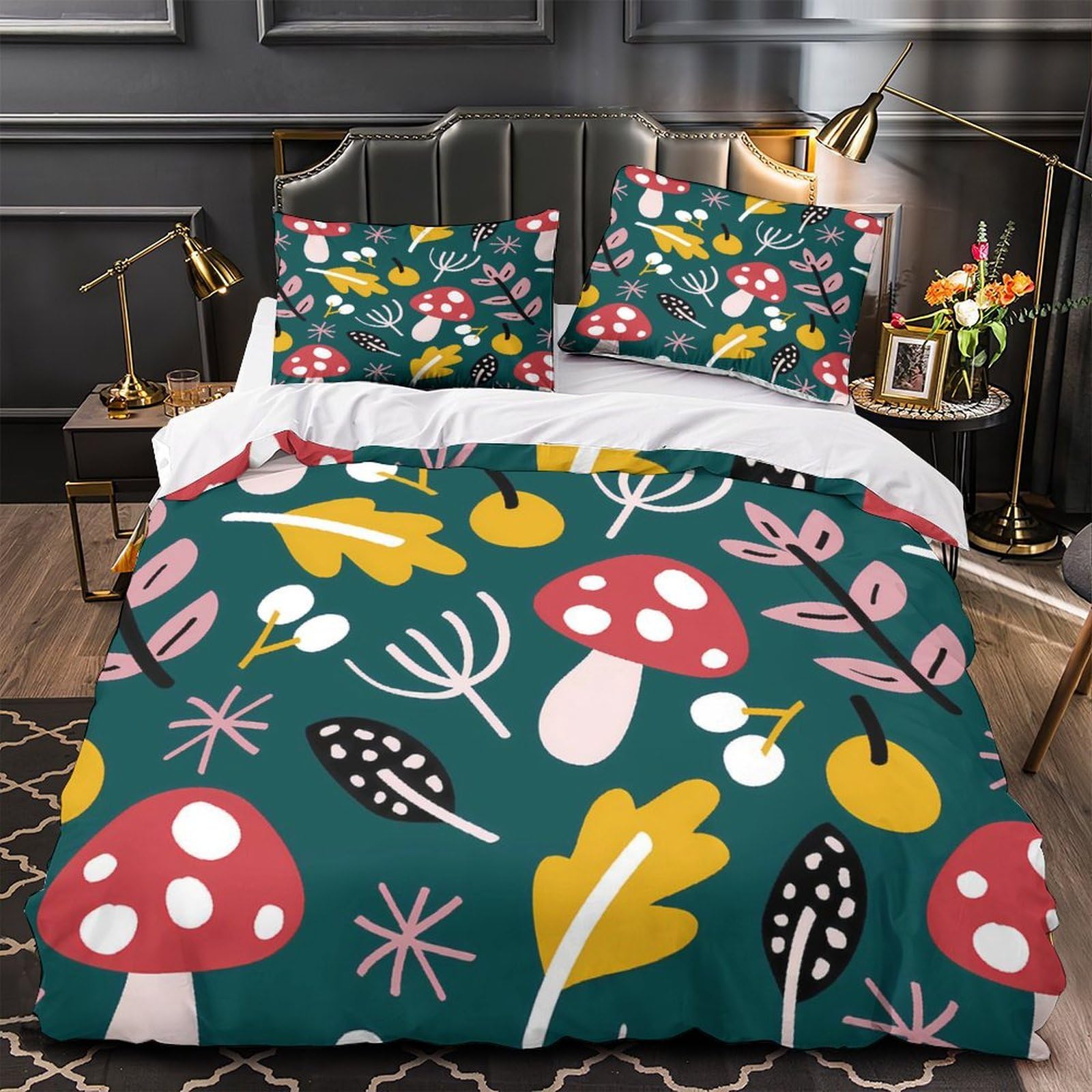 MMDASBVPE AutumnMushrooms Duvet Cover 3D Design Printed Durable 3 Pieces Bed Set Zipper Comforter Cover Hotel Quality Breathable for Kids Adults Women Teens Youth Boys Super king（260x220cm）