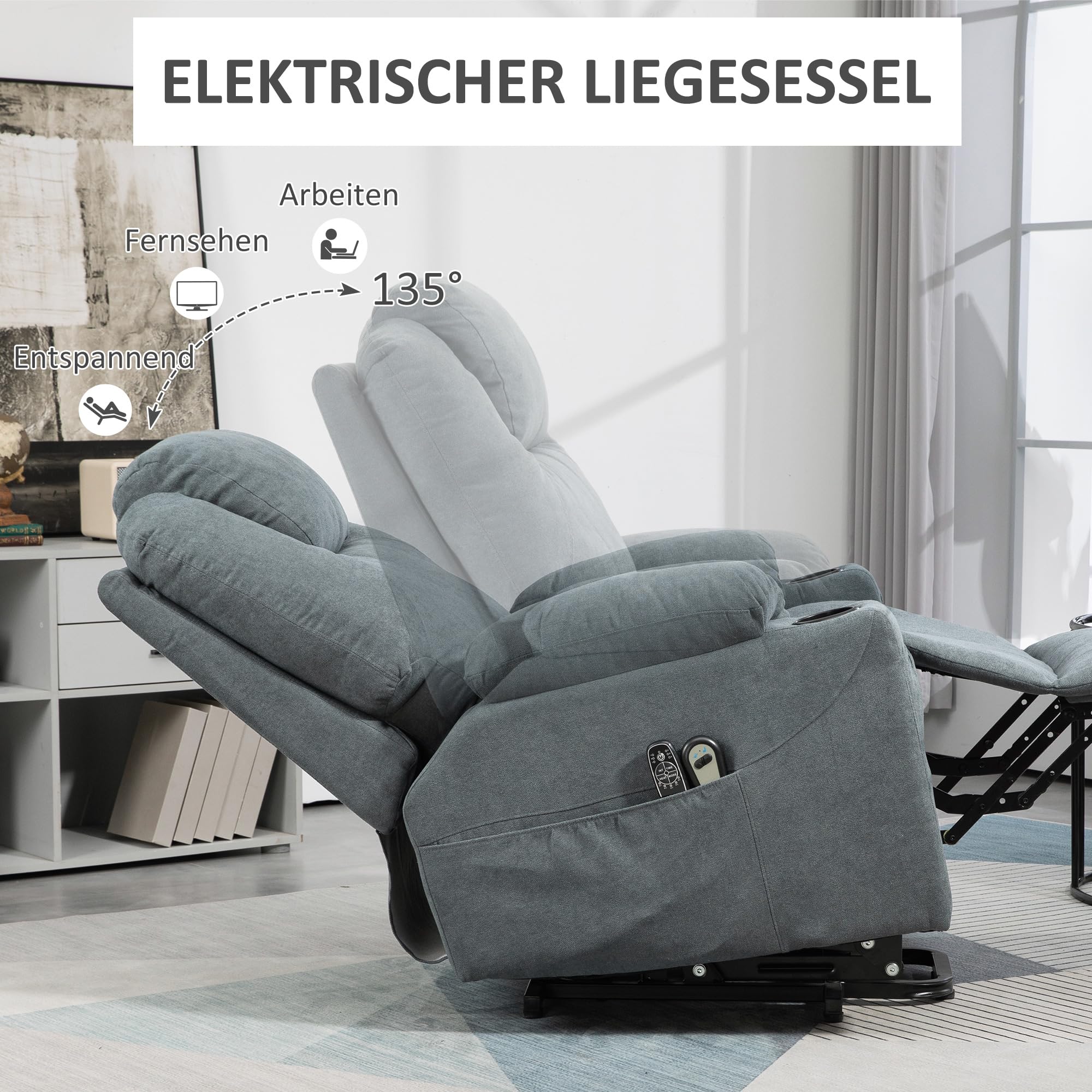HOMCOM Fernsehsessel mit Aufstehhilfe Elektrisch TV-Sessel Dunkelgrau