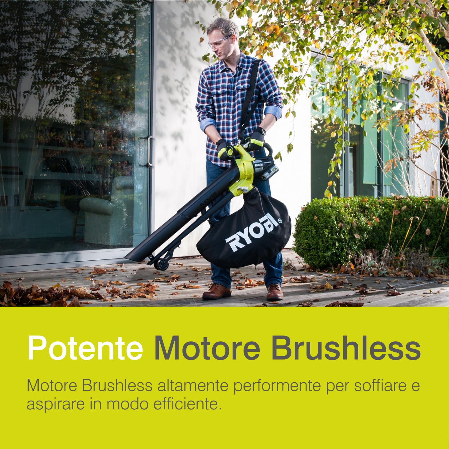 Ryobi Soffiatore Aspiratore Brushless a Batteria 18V ONE+, Aspiratore e Soffiatore 2-in-1, con Lame Metalliche Tritura Foglie, Sacco di Raccolta Incluso, Batteria Non Inclusa, OBV18