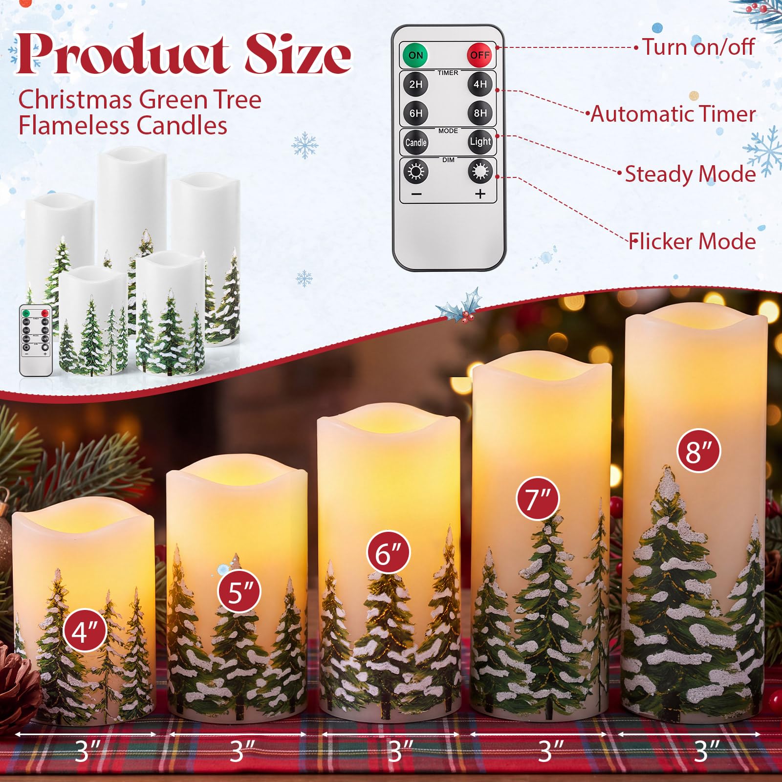 Baquler Confezione da 5 candele tremolanti senza fiamma per albero di Natale, candele a LED in vera cera, con timer, funzionamento a batteria, candele calde senza fiamma, 7,6 x 10,2 cm, 15,6 cm, 17,8