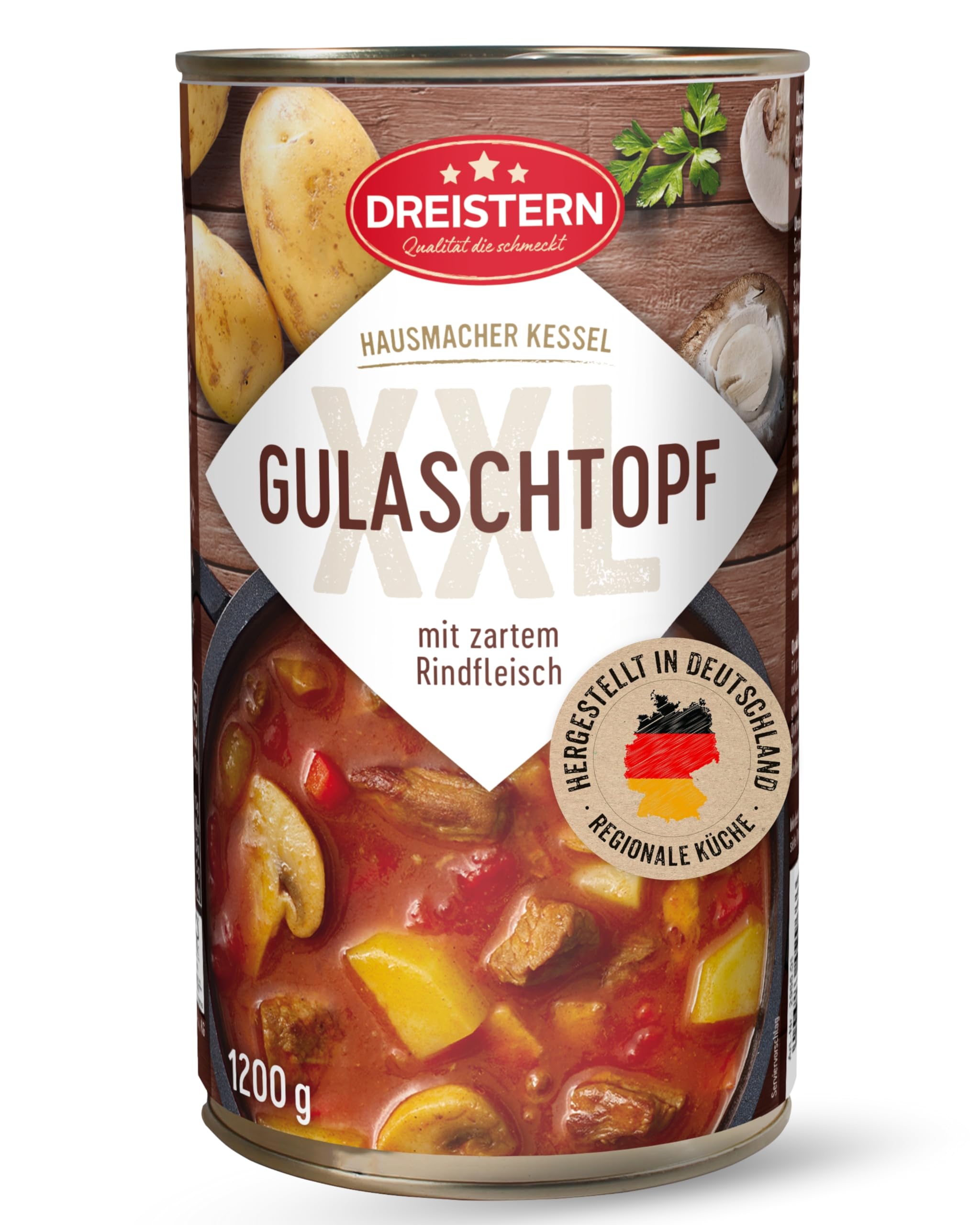 DREISTERN Gulaschsuppe 1200g I Mit Rindfleisch & Gemüse I XXL Herzhafter Eintopf in recyclebarer Konservendose I Lange Haltbarkeit dank natürlicher Konservierung I Hausmacher Qualität