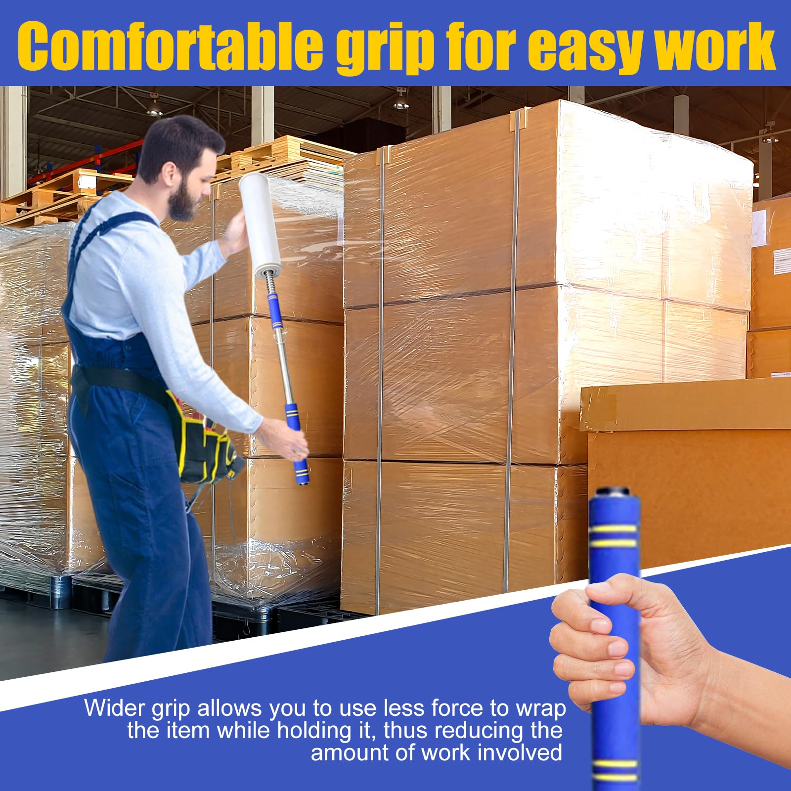 Dispenser estensibile per pallet con manico lungo, macchina imballatrice per film estensibile, supporto per asta per dispenser di film di larghezza 30-50 cm, rotoli da 3,8 cm a 7,6 cm di diametro