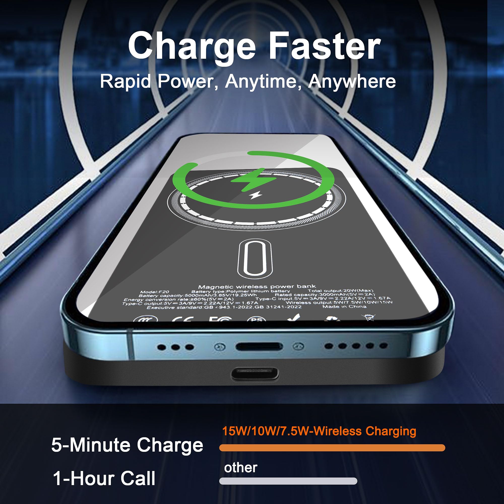 Cargador portátil magnético de 5000 mAh, 15 W, ultra delgado, cargador portátil inalámbrico, carga rápida para iPhone 16/15/14/13/12 Pro/Pro Max/Plus, carcasa de metal, cable USB-C para cargar otros