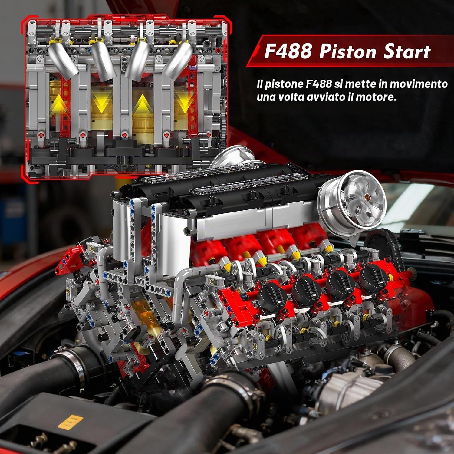 Mould King 10130 F488 Super Car V8 Biturbo da Costruire, Kit Tecnico Motorizzato con 2718 Pezzi, Motore Elettrico XL, 8 Pistoni e Doppio Turbocompressore