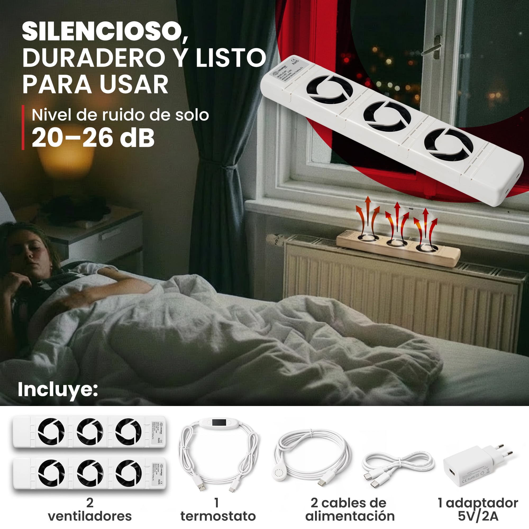 GOLDMAN SERVICE | Ventilador de Radiador Inteligente – Set Doble | Termostato Automático, Silencioso, Bajo Consumo 3.6W | Distribución de Calor Rápida para Radiador de Calefacción